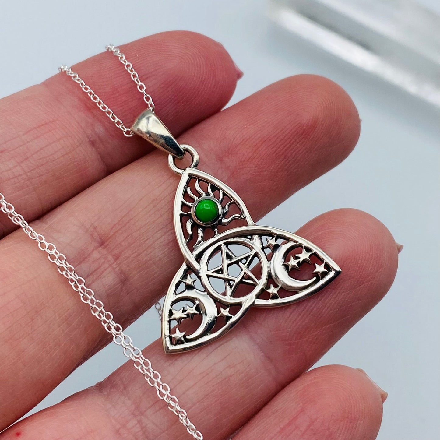 Green Mohave Turquoise Celtic  Sun Moon & Star Sterling Silver Necklace