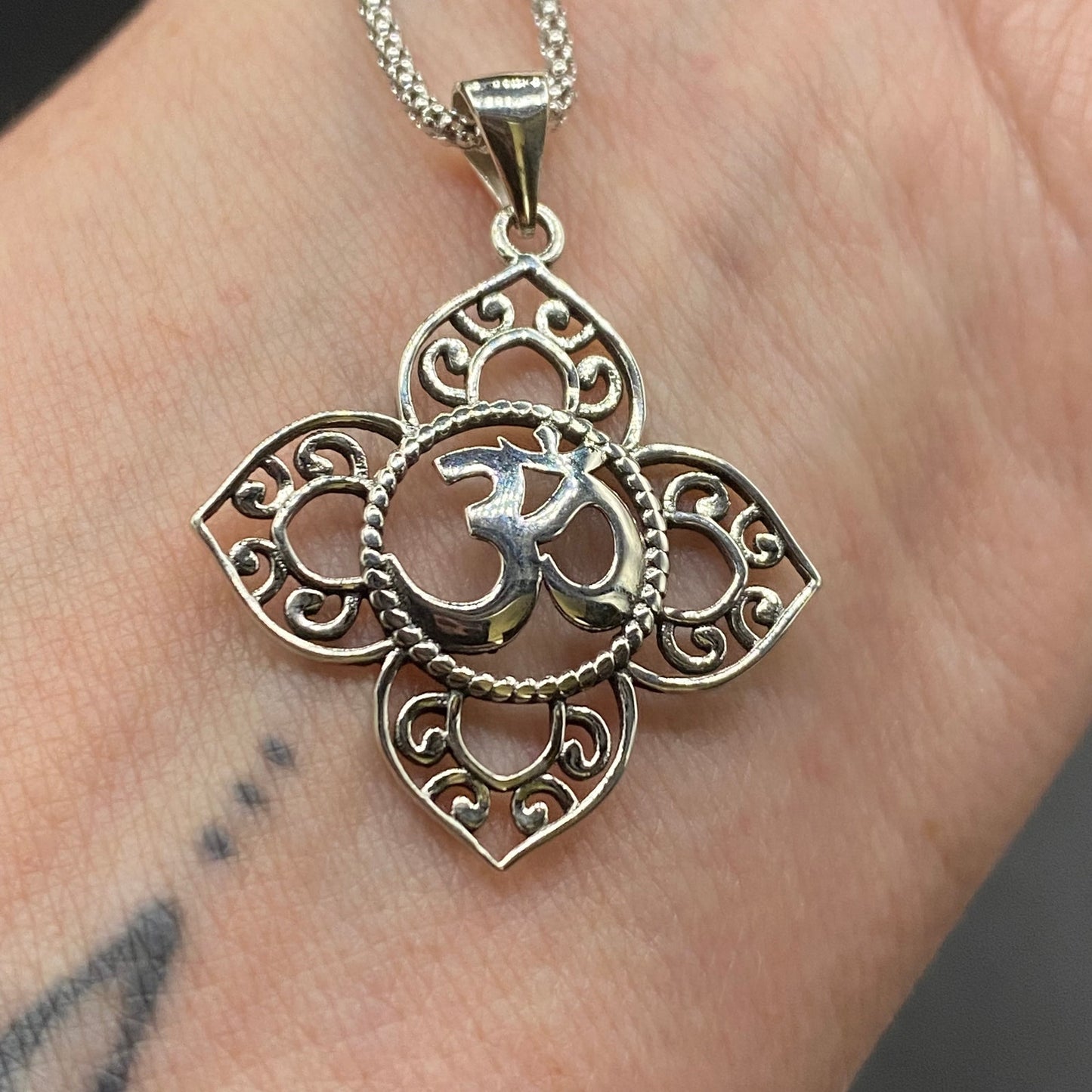 Om Religious Symbols Sterling Silver Pendant Necklace, Popcorn Chain