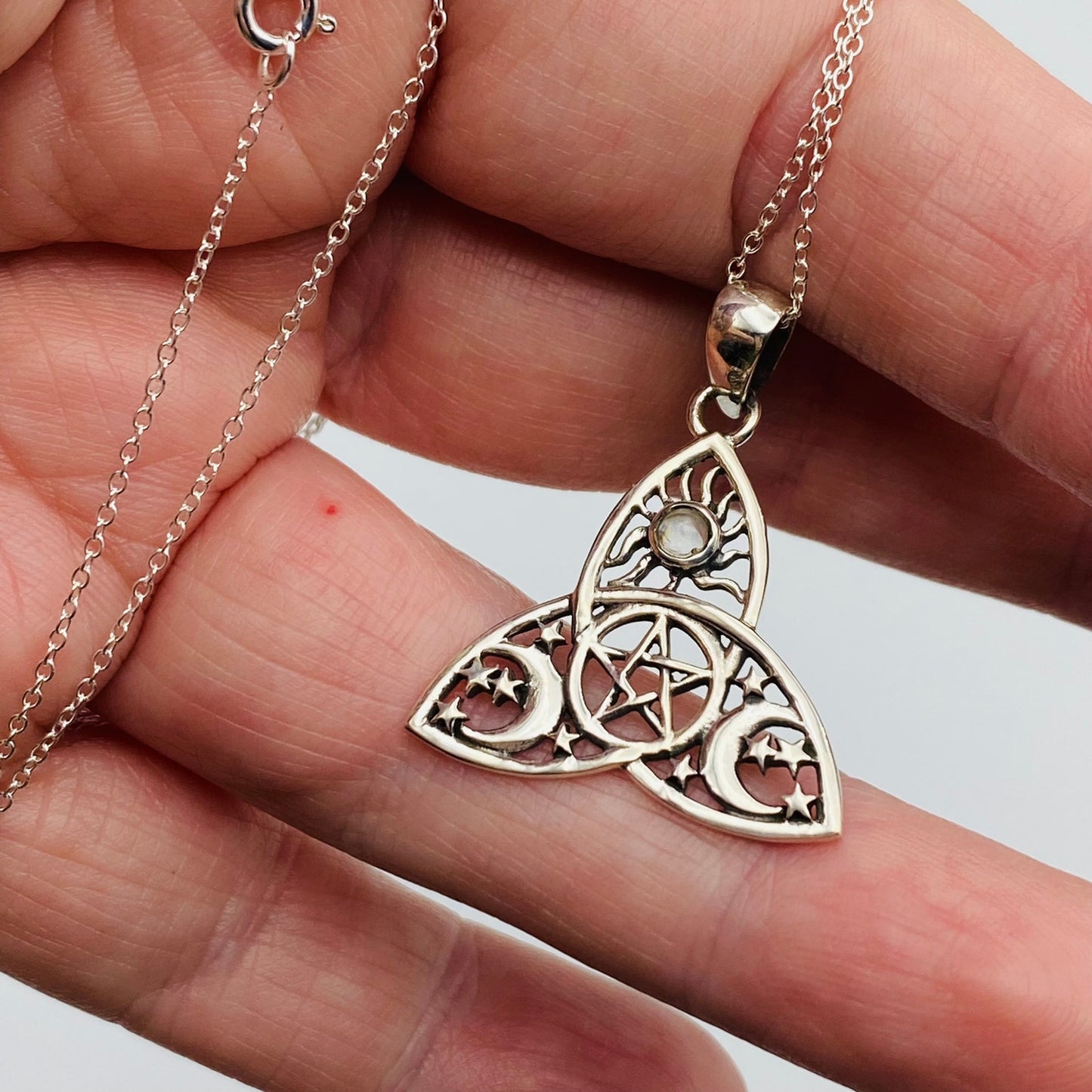 Sterling Silver Celtic Triquetra Pendant Necklace-Pagan Wiccan Pentacle Design