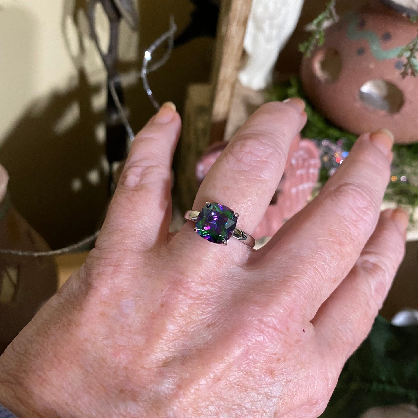 Rainbow Topaz Cushion Cut Sterling Silver Ring