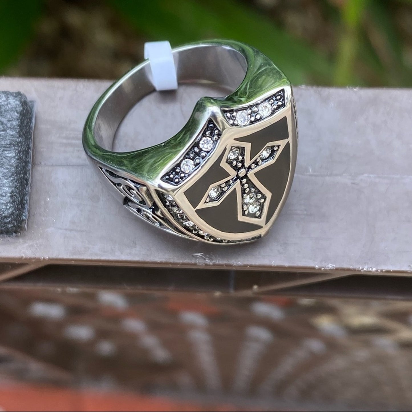 Mens Stainless Steel Shield & Cross Top Ring