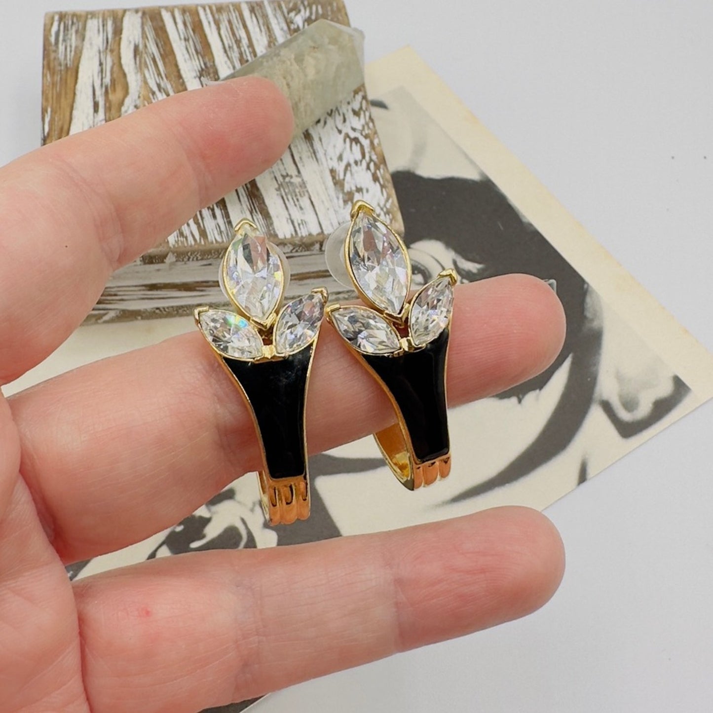 Vintage Trifari Runway Swarovski Gold Black Enamel Earrings