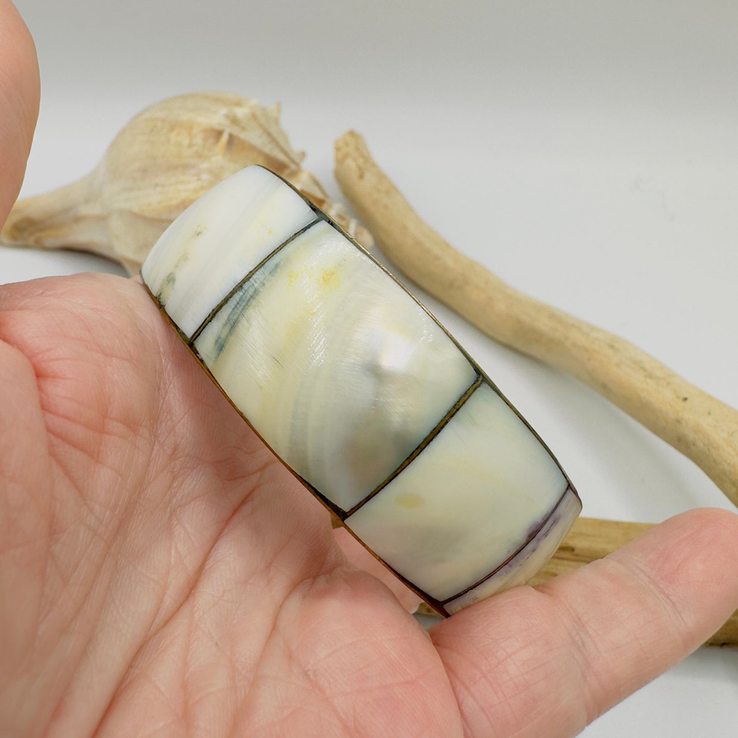 Vintage Mother Of Pearl Brass Jumbo Bangle Bracelet