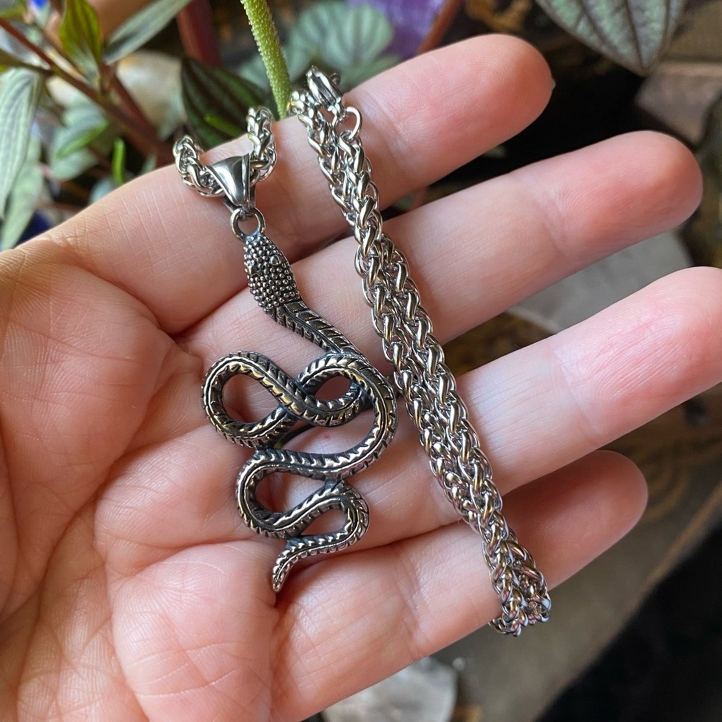 Snake Stainless Steel Wheat Chain Necklace, Unisex Snake Jewelry