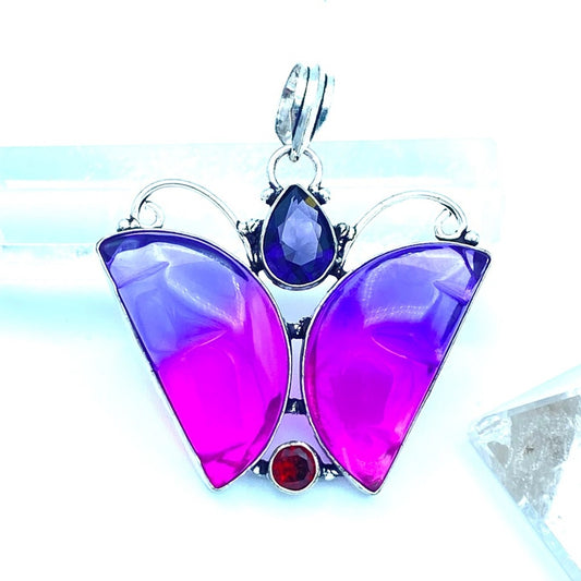 Bi-Color Tourmaline, Garnet, Gemstone Butterfly Pendant