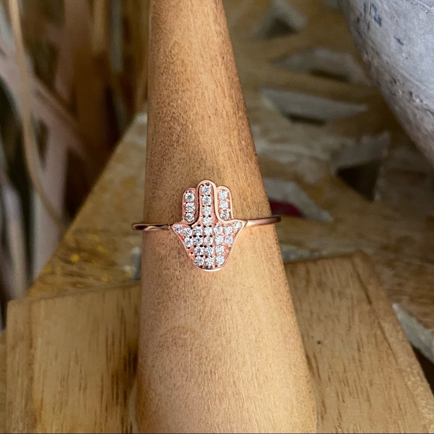 Hamsa Micro Pave CZ Diamond 14k Rose Gold Sterling Silver Ring