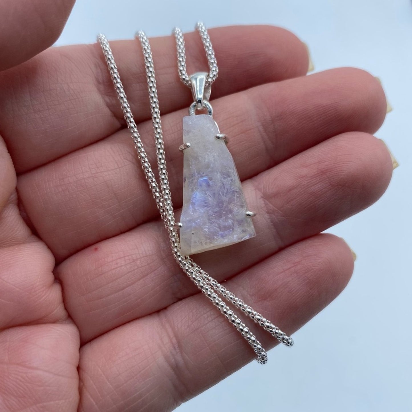 Rainbow Moonstone Rough Solid Sterling Silver Pendant Popcorn Chain 20"