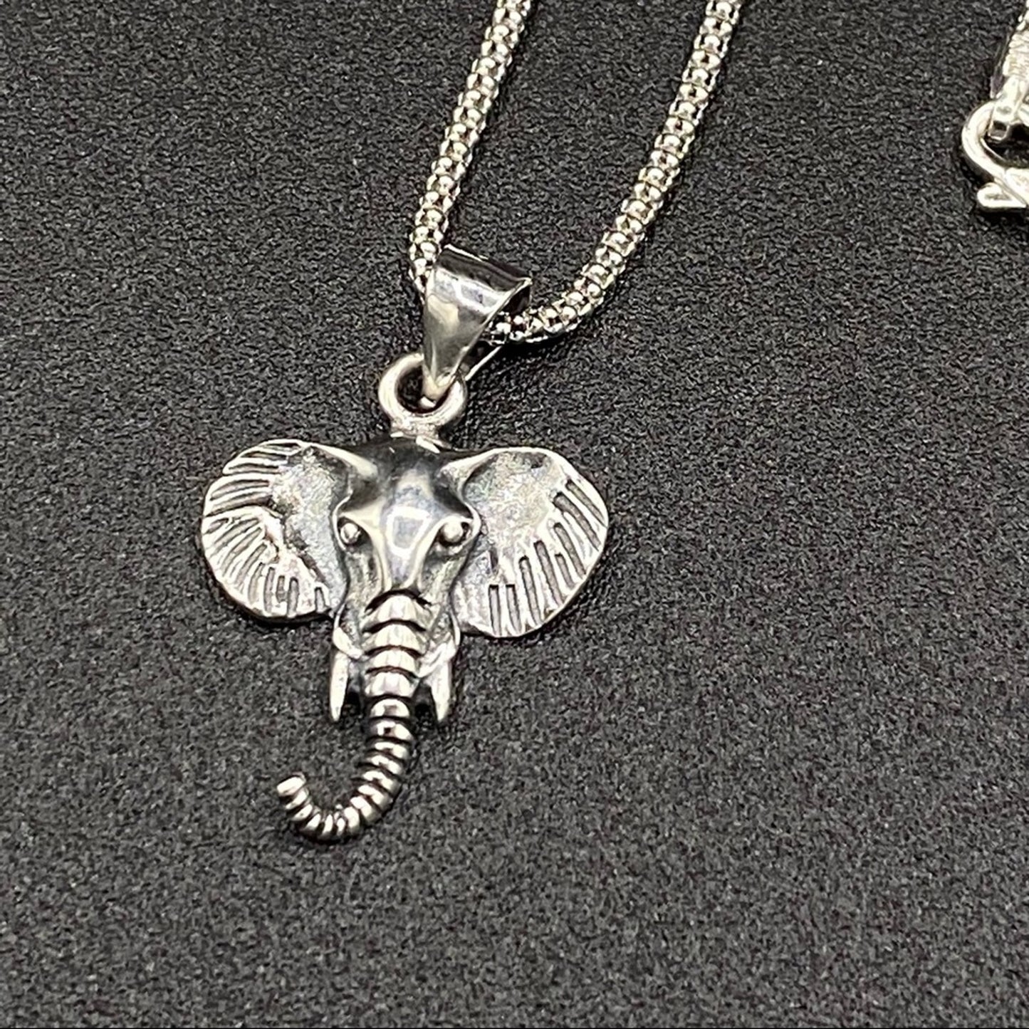 Solid Sterling Silver Elephant Head Pendant on Italian Popcorn Chain Necklace