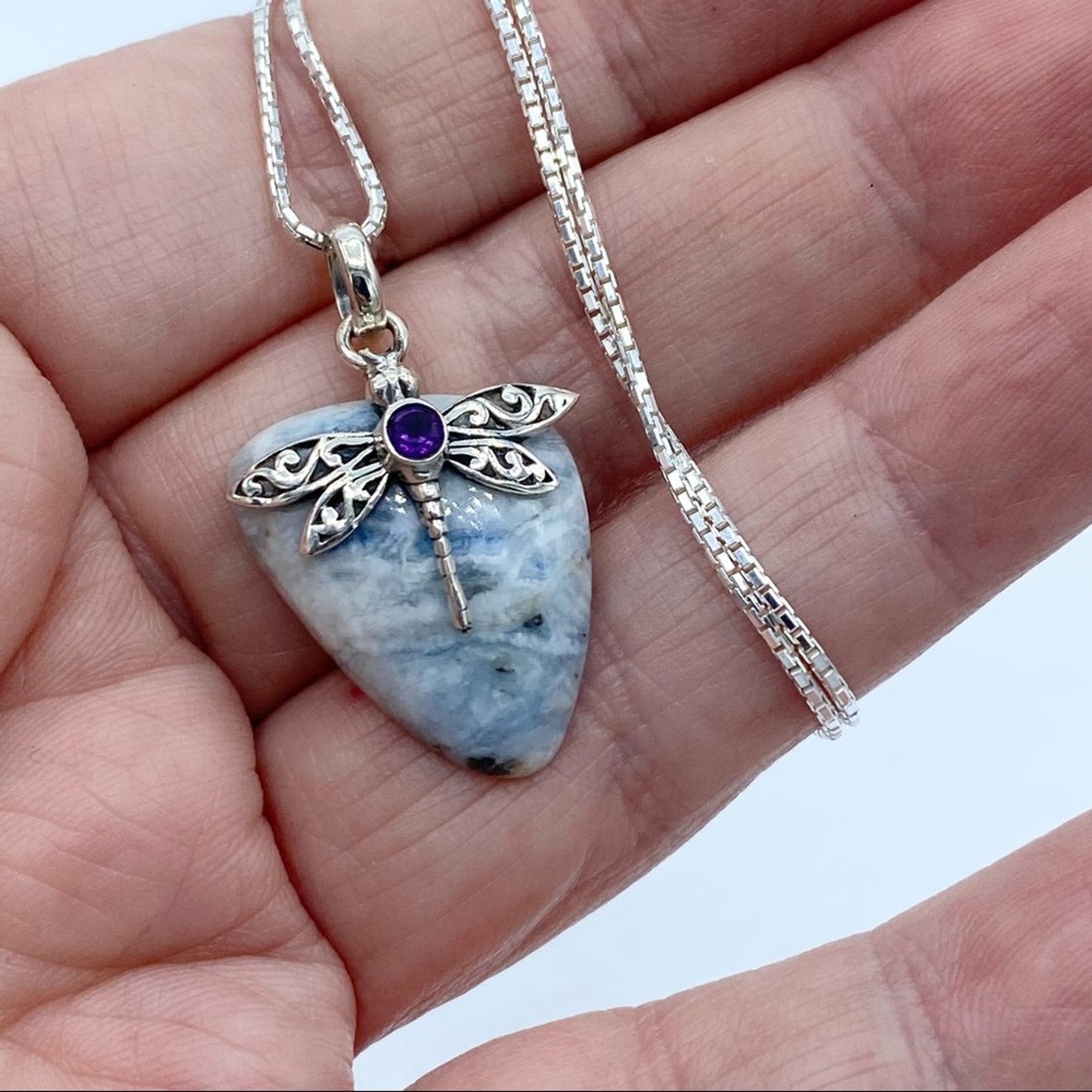 Dragonfly Blue Scheelite & Amethyst Solid Sterling Silver Necklace