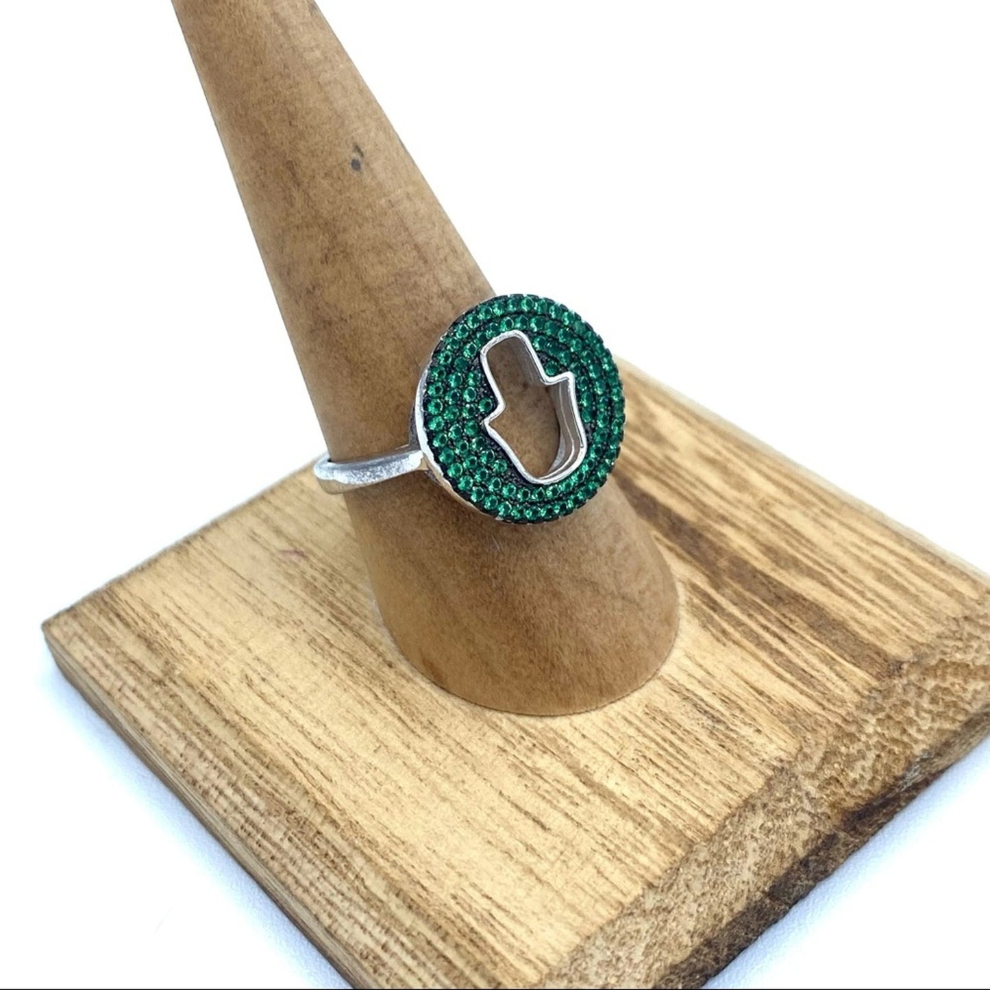 Hamsa Sterling Silver Pave Set Green CZ Ring Size 8.5