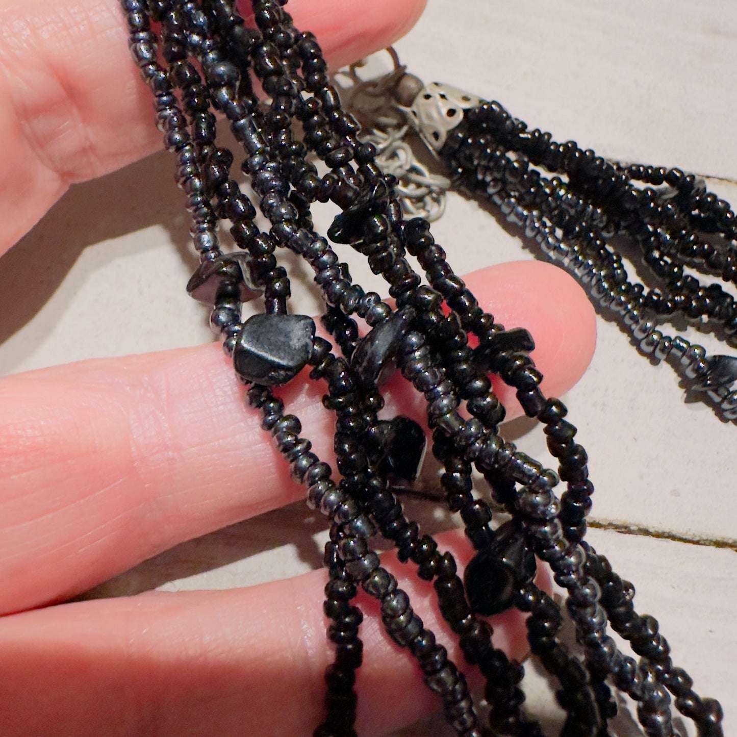Vintage Black Multi-Strand Seed Bead Necklace with Crackle Glass Disc Pendant