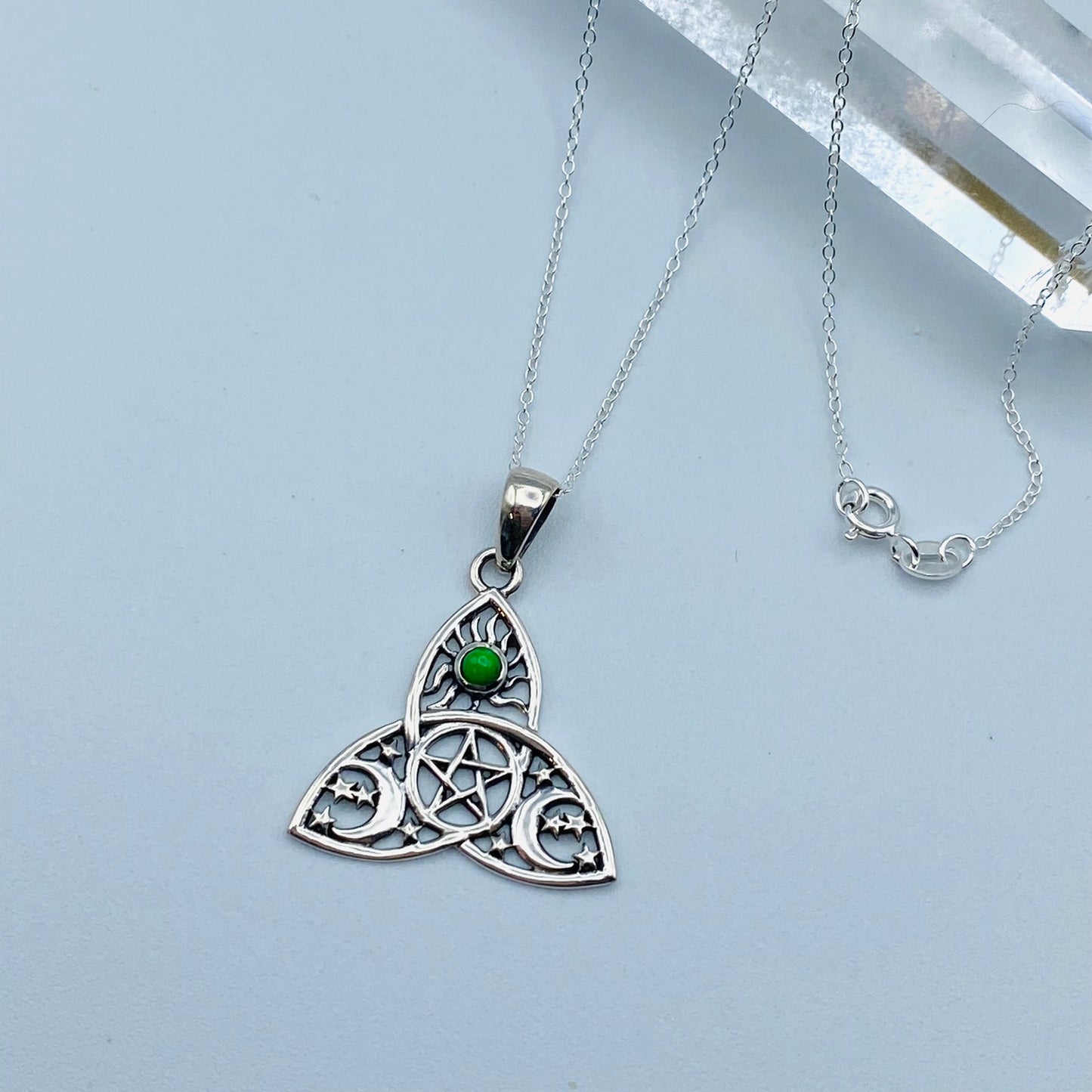 Green Mohave Turquoise Celtic  Sun Moon & Star Sterling Silver Necklace