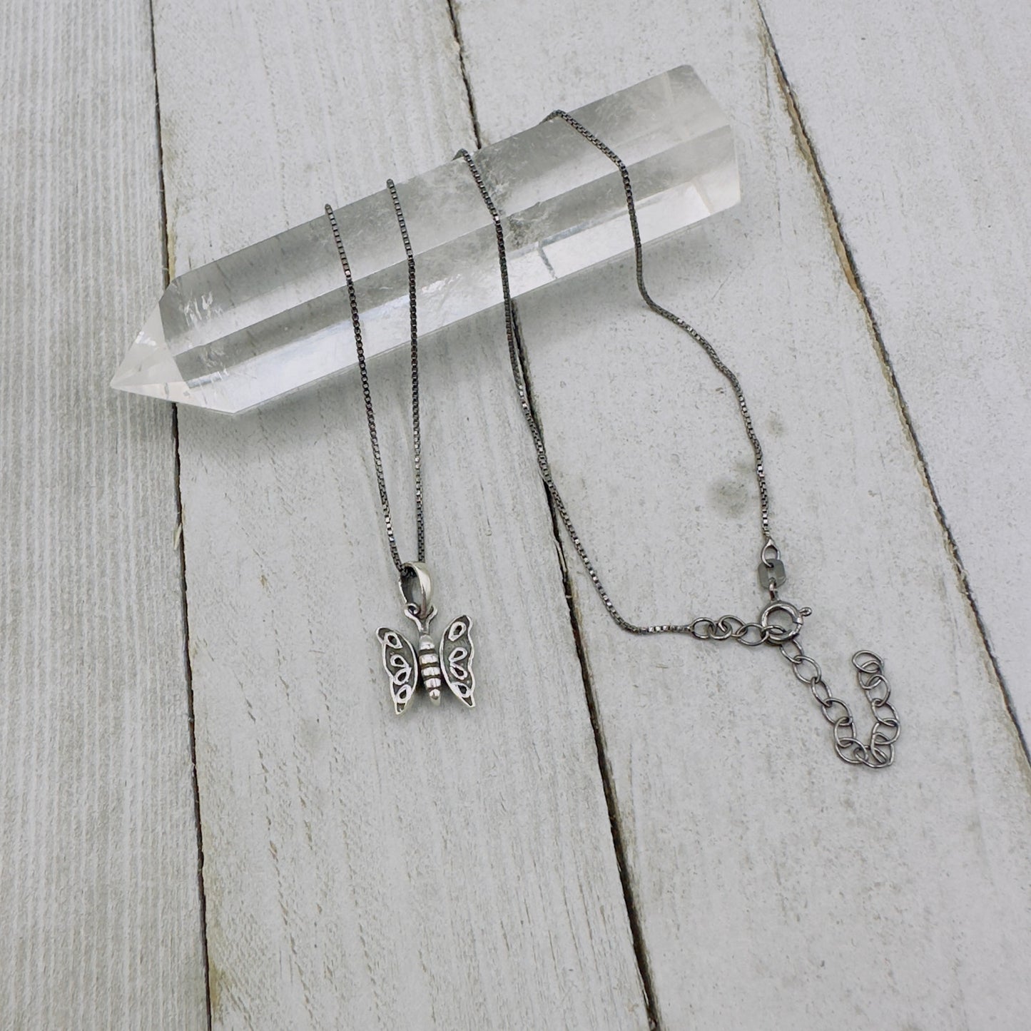 Sterling Silver Butterfly Necklace Black Rhodium Sterling Box Chain