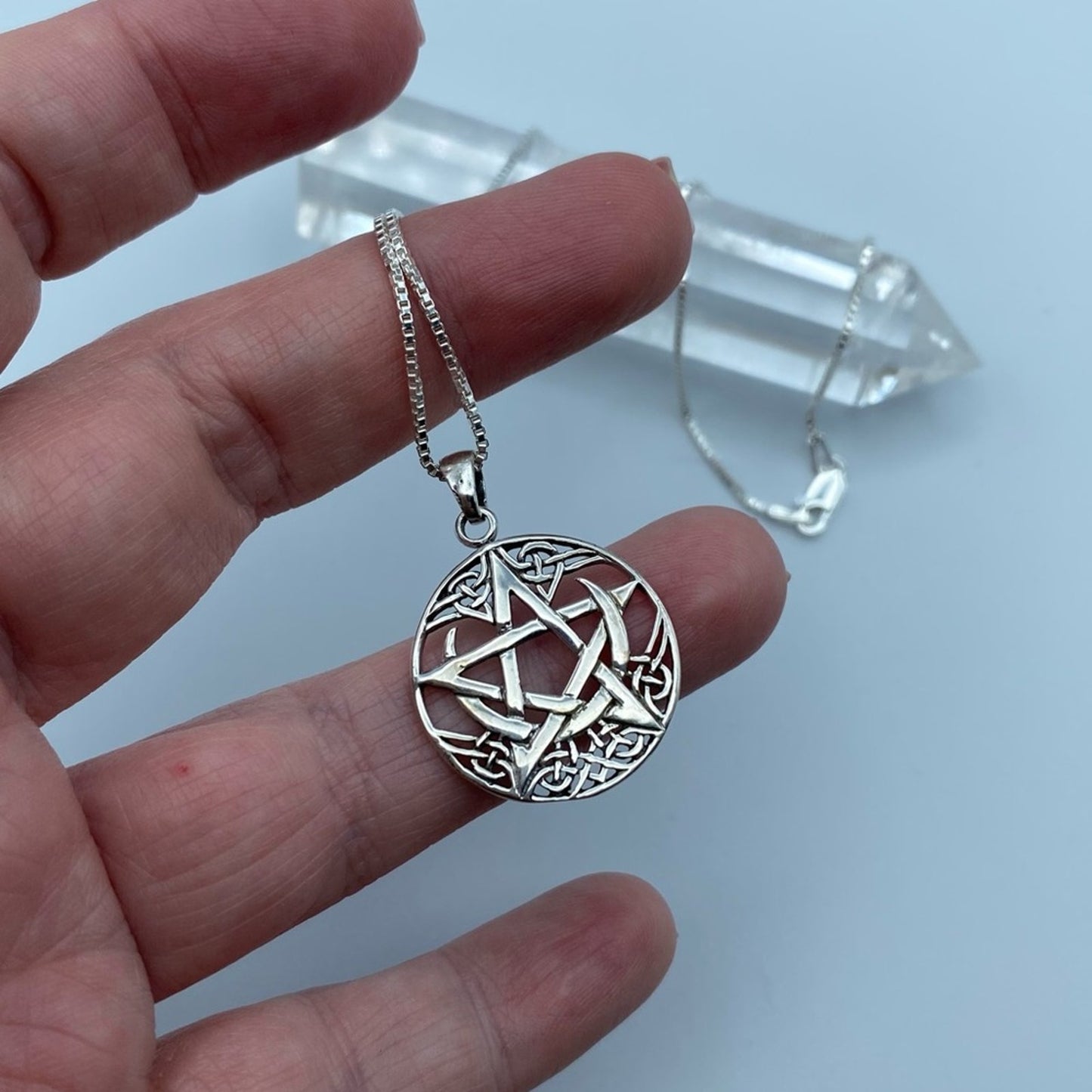 Celtic Crescent Moon Pentagram Sterling Silver Necklace