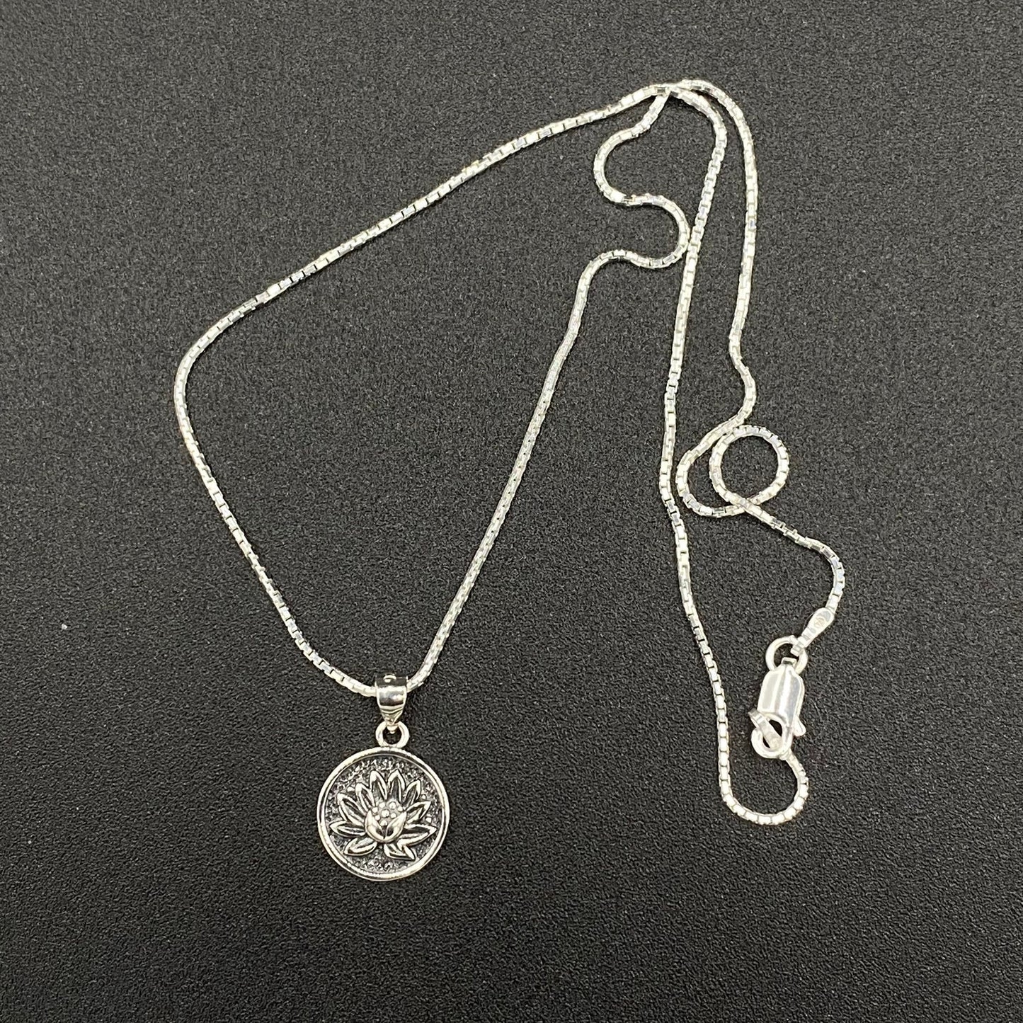 Lotus Flower Sterling Silver Disc Pendant Necklace