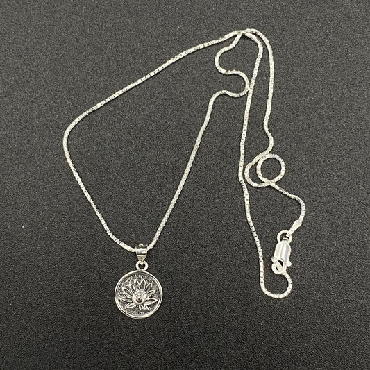 Lotus Flower Sterling Silver Disc Pendant Necklace