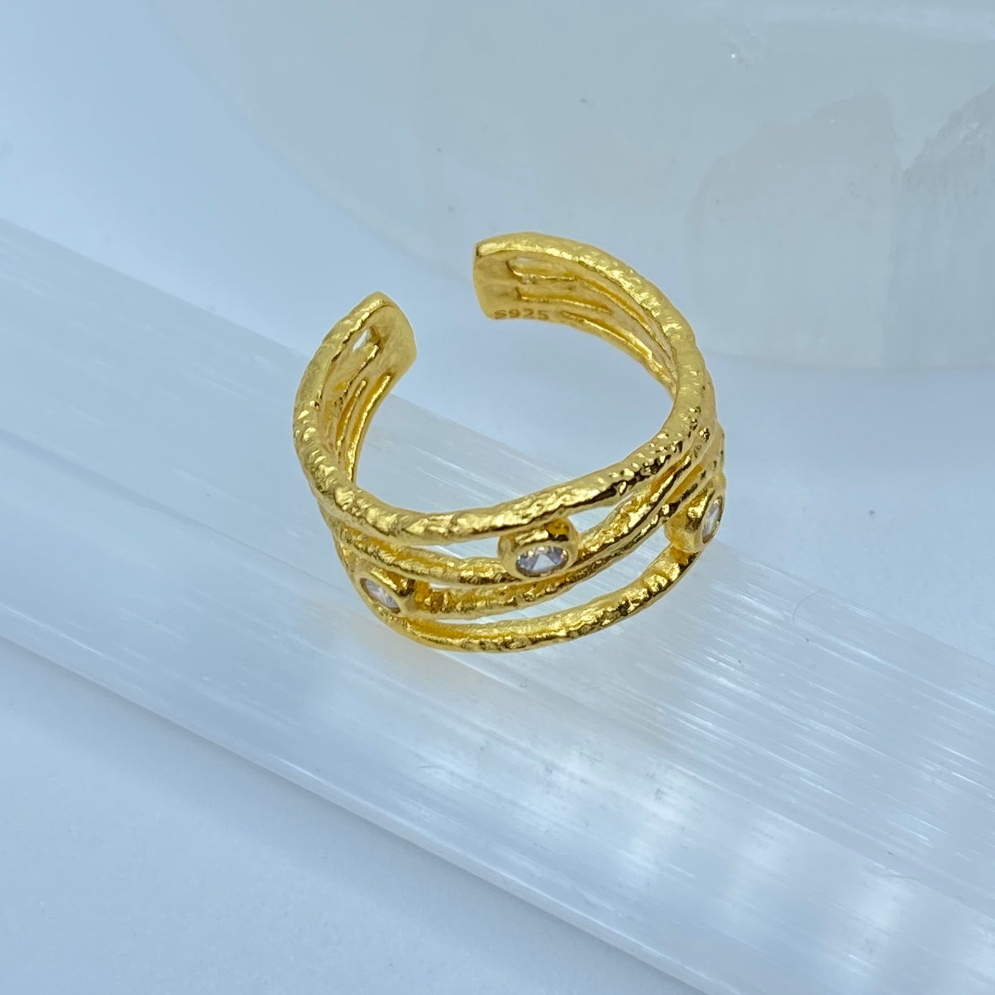 925 Sterling Silver Cz Gold Plated Irregular Stackable Ring