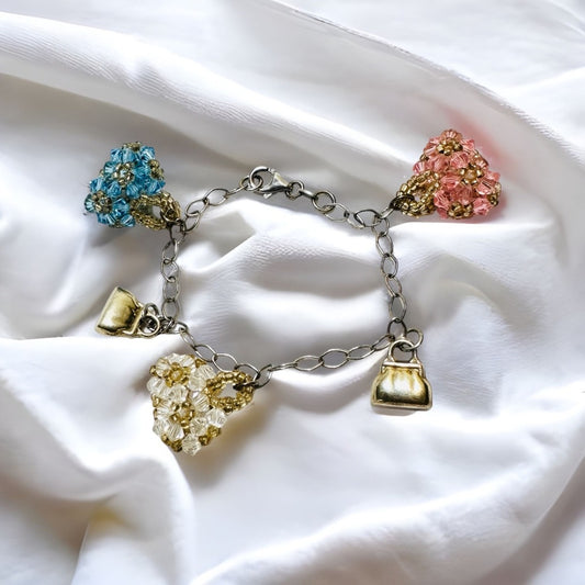 Vintage Sterling Silver Crystal Bag Charm Bracelet with Mini Purses