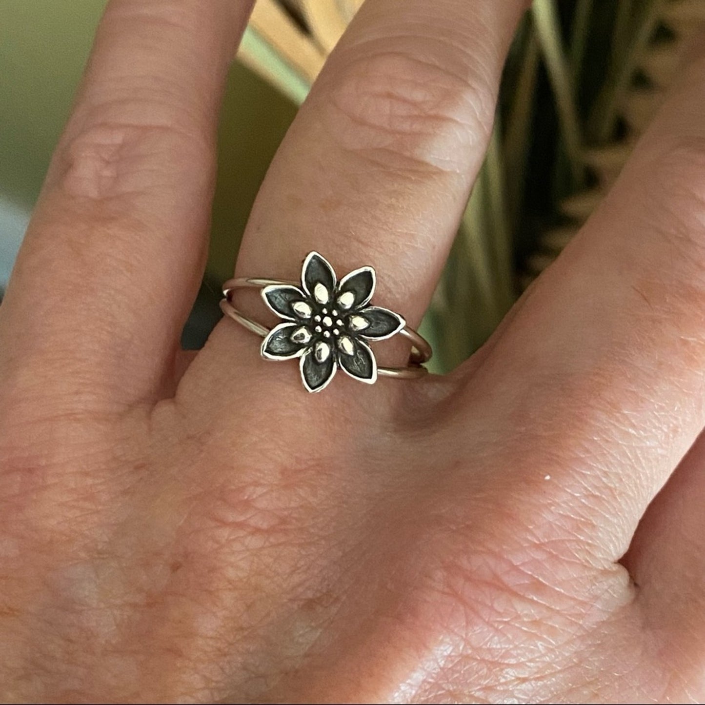 Lotus Flower Double Band Sterling Silver Ring