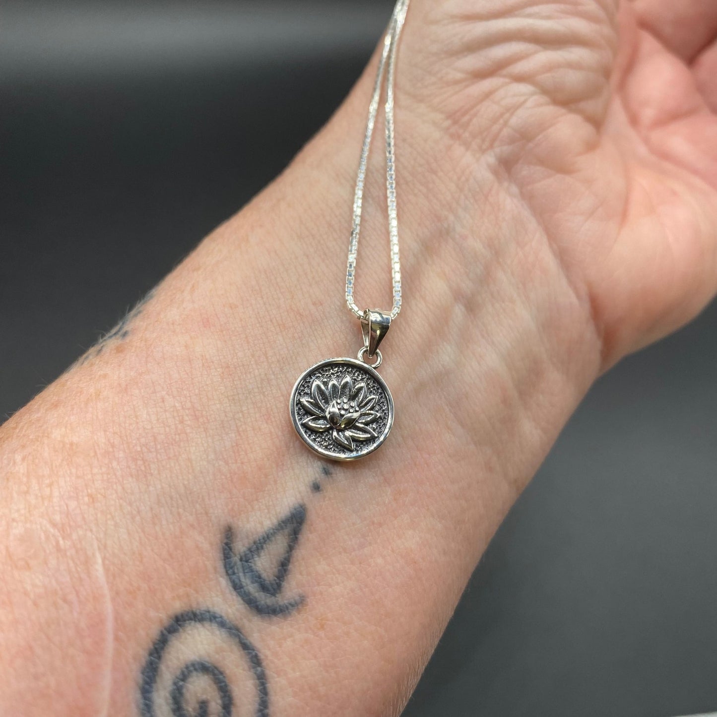 Lotus Flower Sterling Silver Disc Pendant Necklace