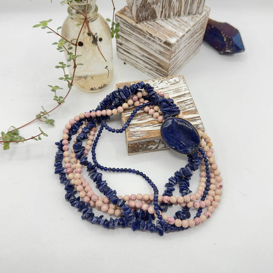 Vintage Lapis Lazuli & Jasper Multi-Strand Gemstone Necklace-Statement Boho Jewelry