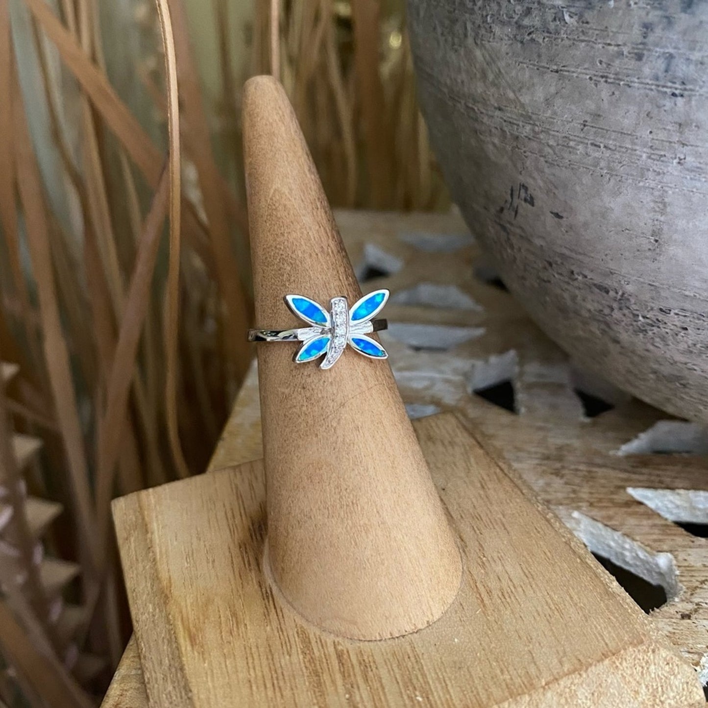 Dragonfly Blue Opal & Cz Sterling Silver Ring