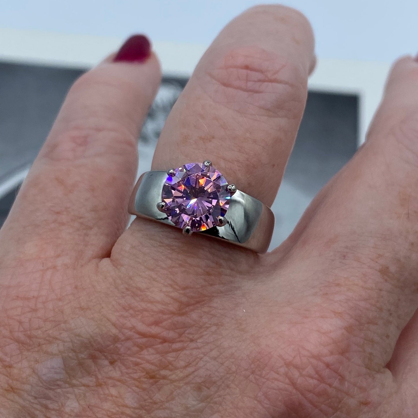 Pink CZ Solitaire Stainless Steel Ring