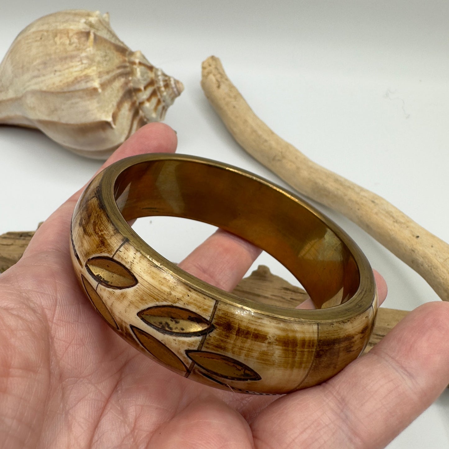 Vintage Brass & Bone Bangle Bracelet
