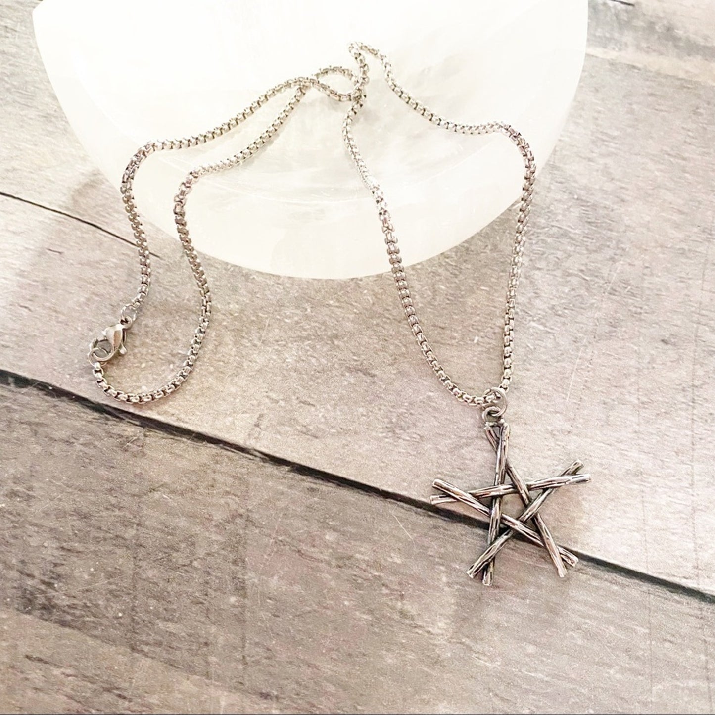 Stainless Steel Rustic Sticks Pentagram Pendant on Rounded Box Chain