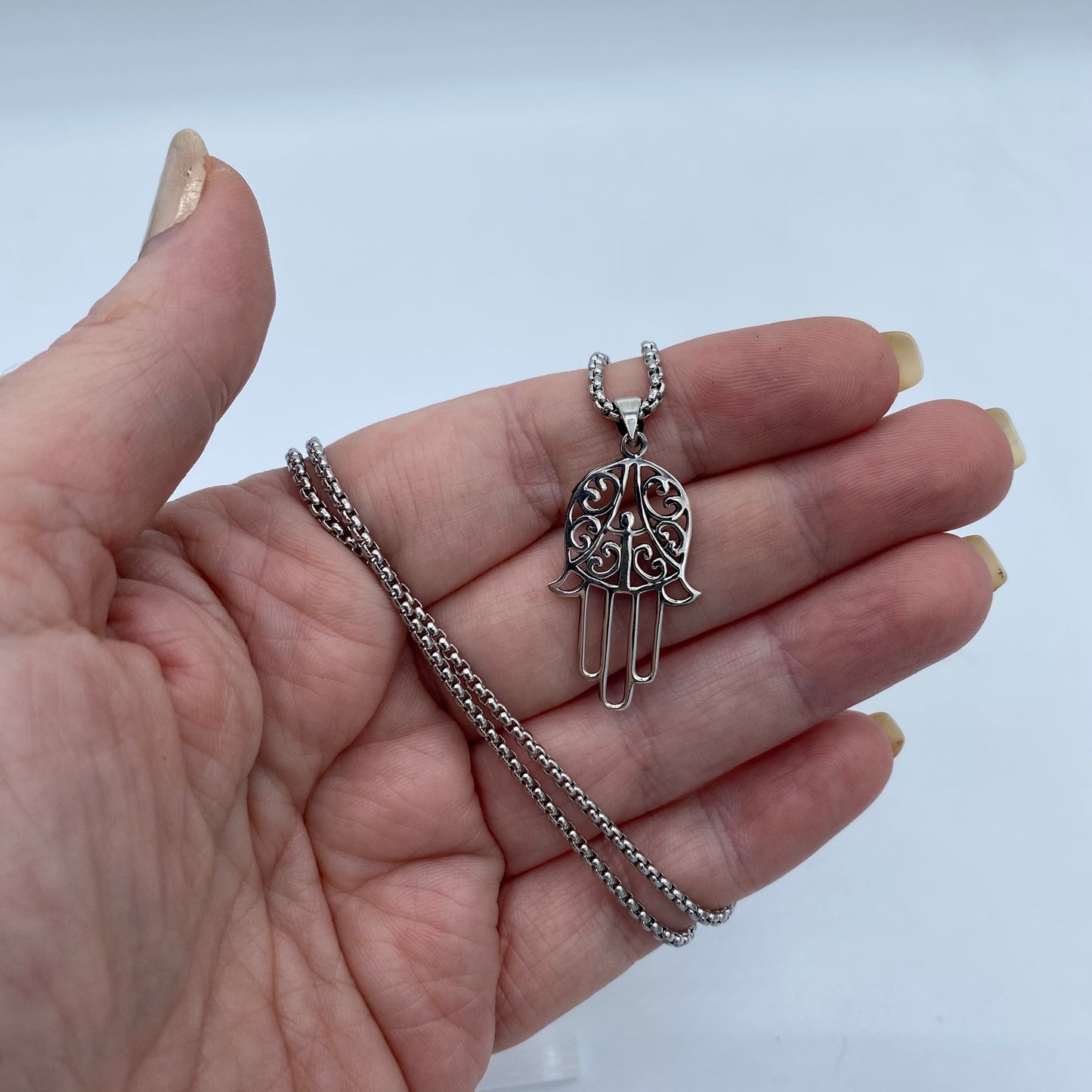 Hamsa Sterling Silver Pendant On Stainless Steel Rounded Box Chain