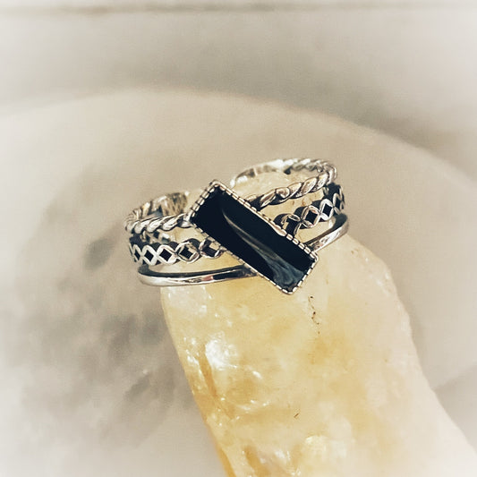 925 Sterling Silver black Rectangle Vintage Ring-Adjustable