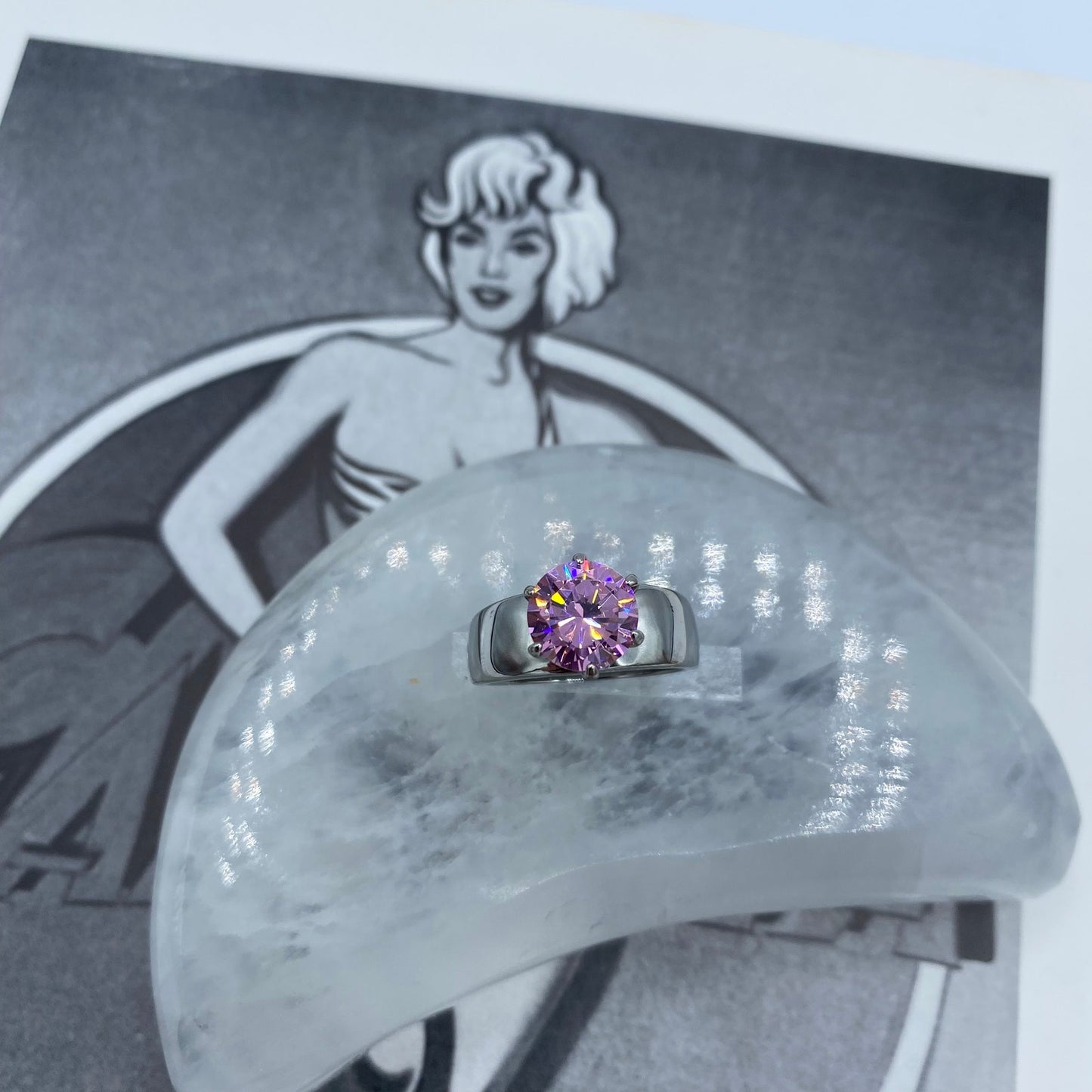 Pink CZ Solitaire Stainless Steel Ring