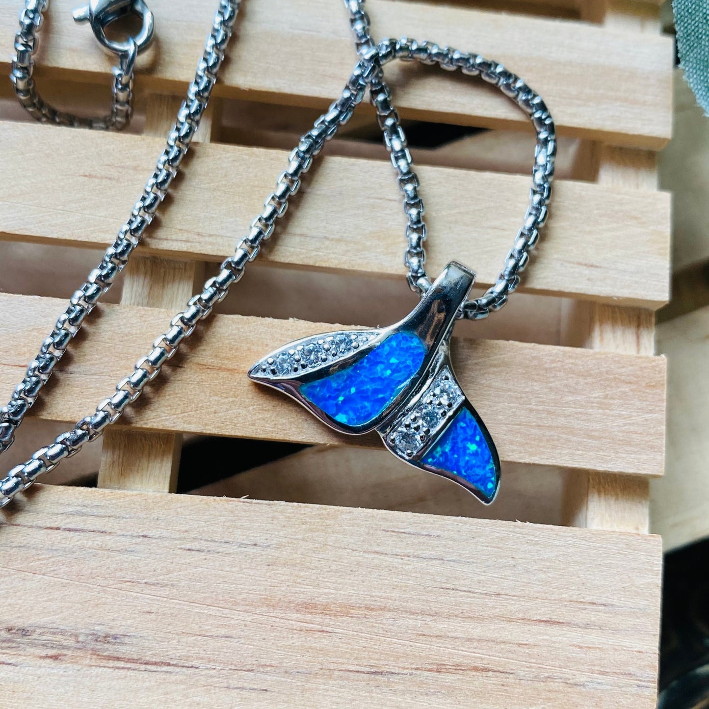 Sterling Silver Blue Opal CZ Whale Tail Pendant on Stainless Steel Chain
