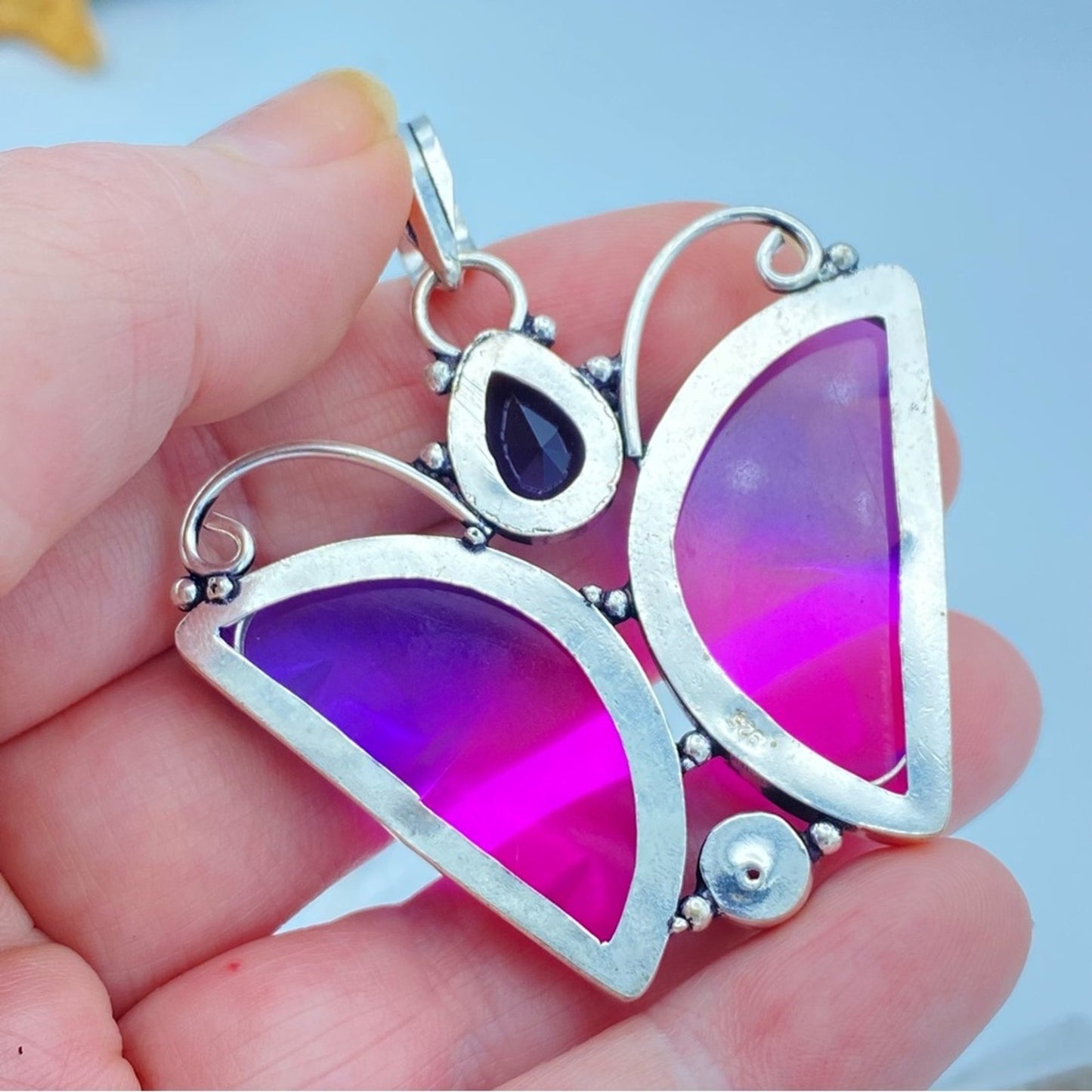 Bi-Color Tourmaline, Garnet, Gemstone Butterfly Pendant