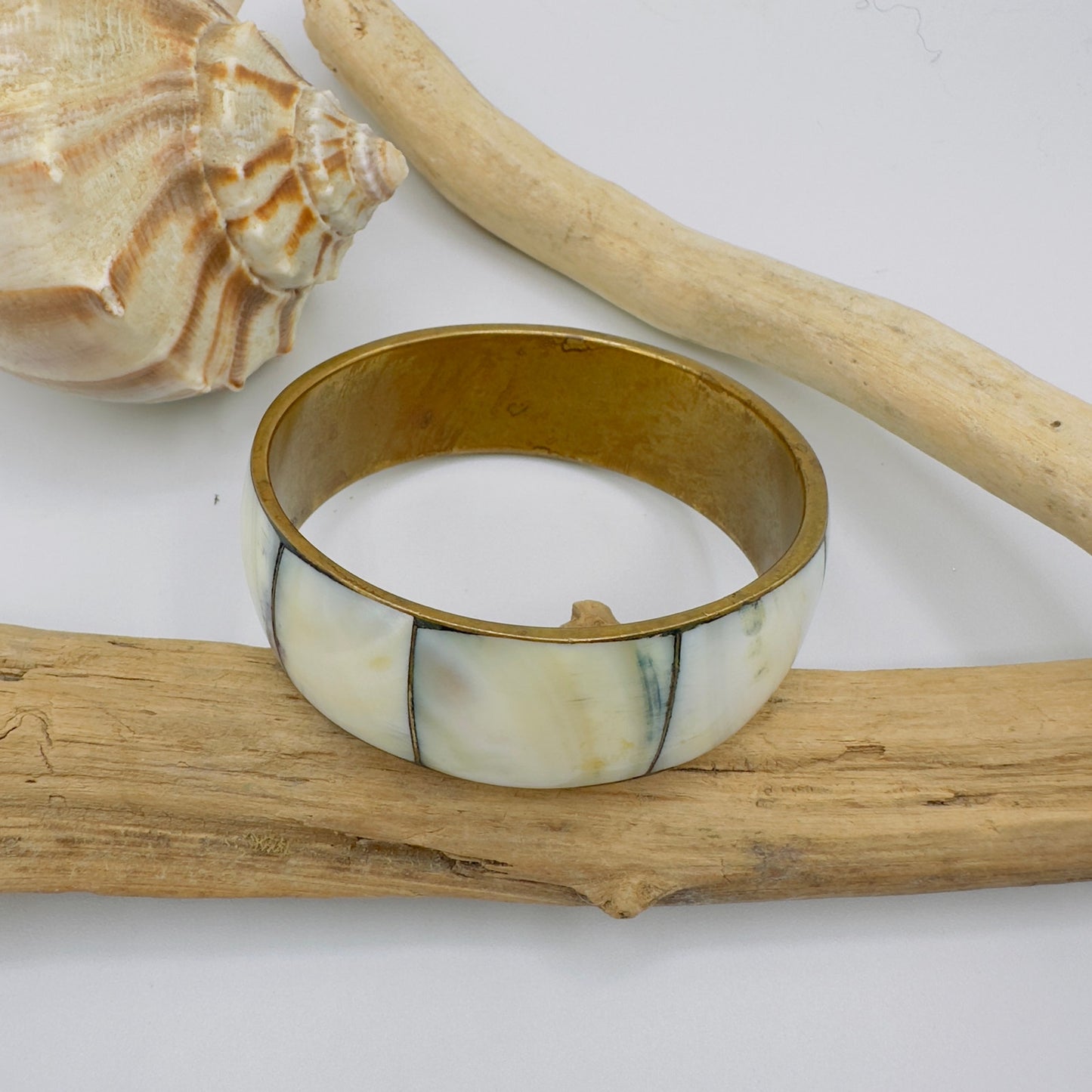 Vintage Mother Of Pearl Brass Jumbo Bangle Bracelet