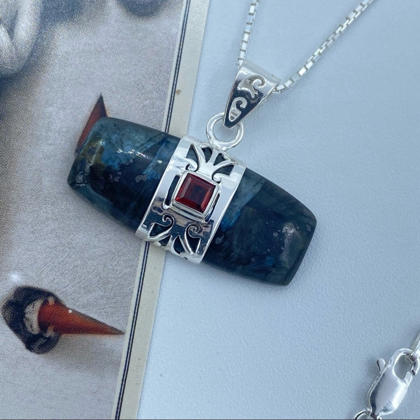 Larvikite Black Moonstone & Garnet Pendant Sterling Silver Necklace 18