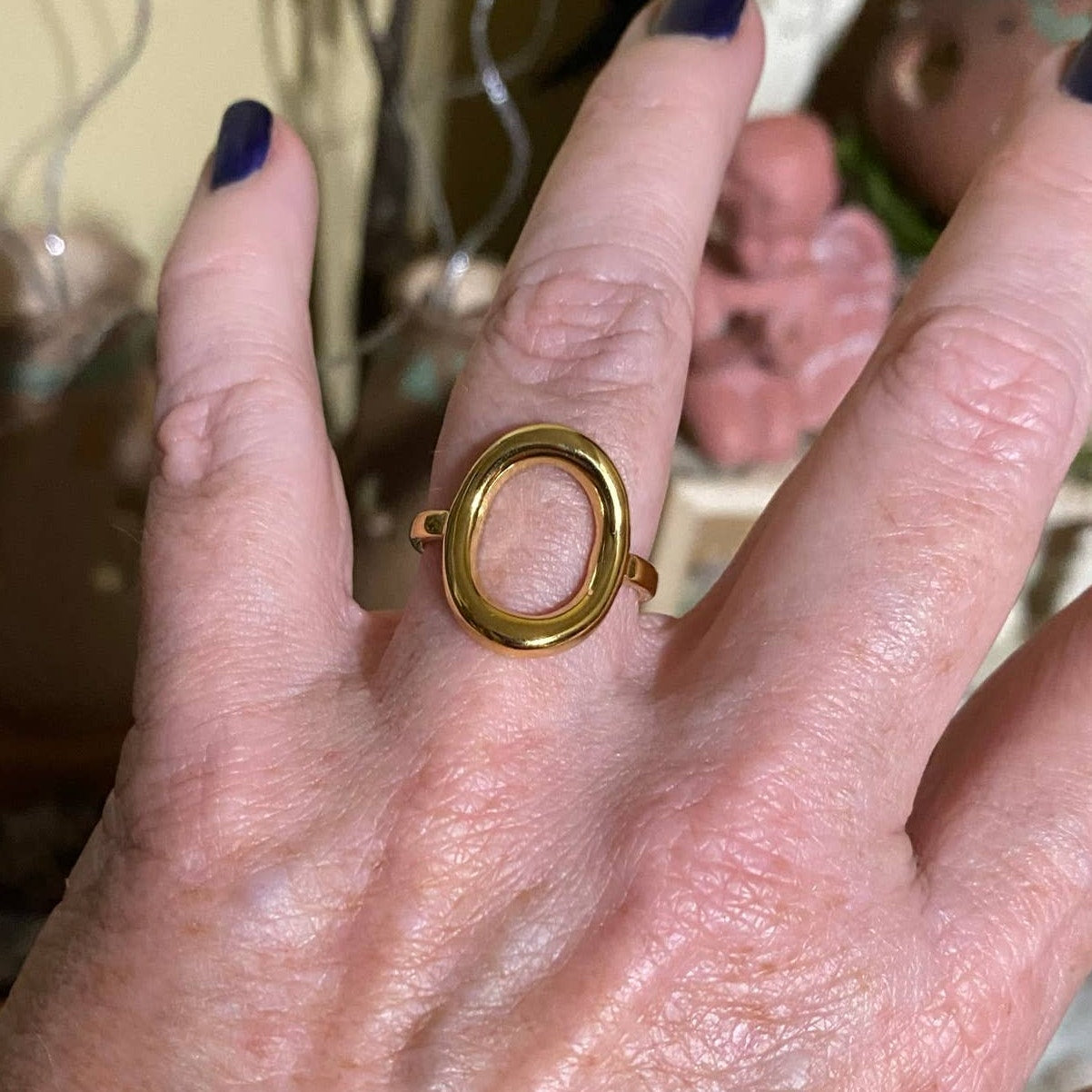 Gold Oval Open Ring-Adjustable Stainless Ring