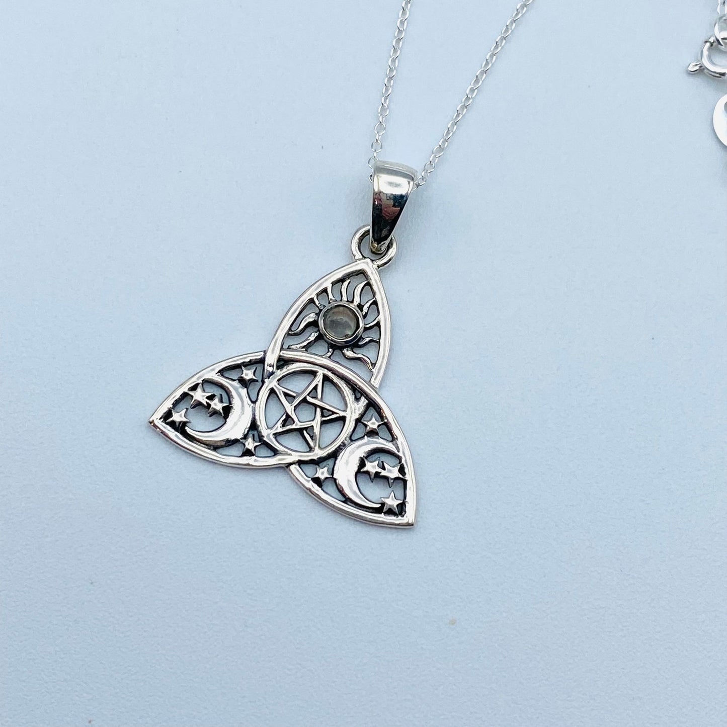 Sterling Silver Celtic Triquetra Pendant Necklace-Pagan Wiccan Pentacle Design