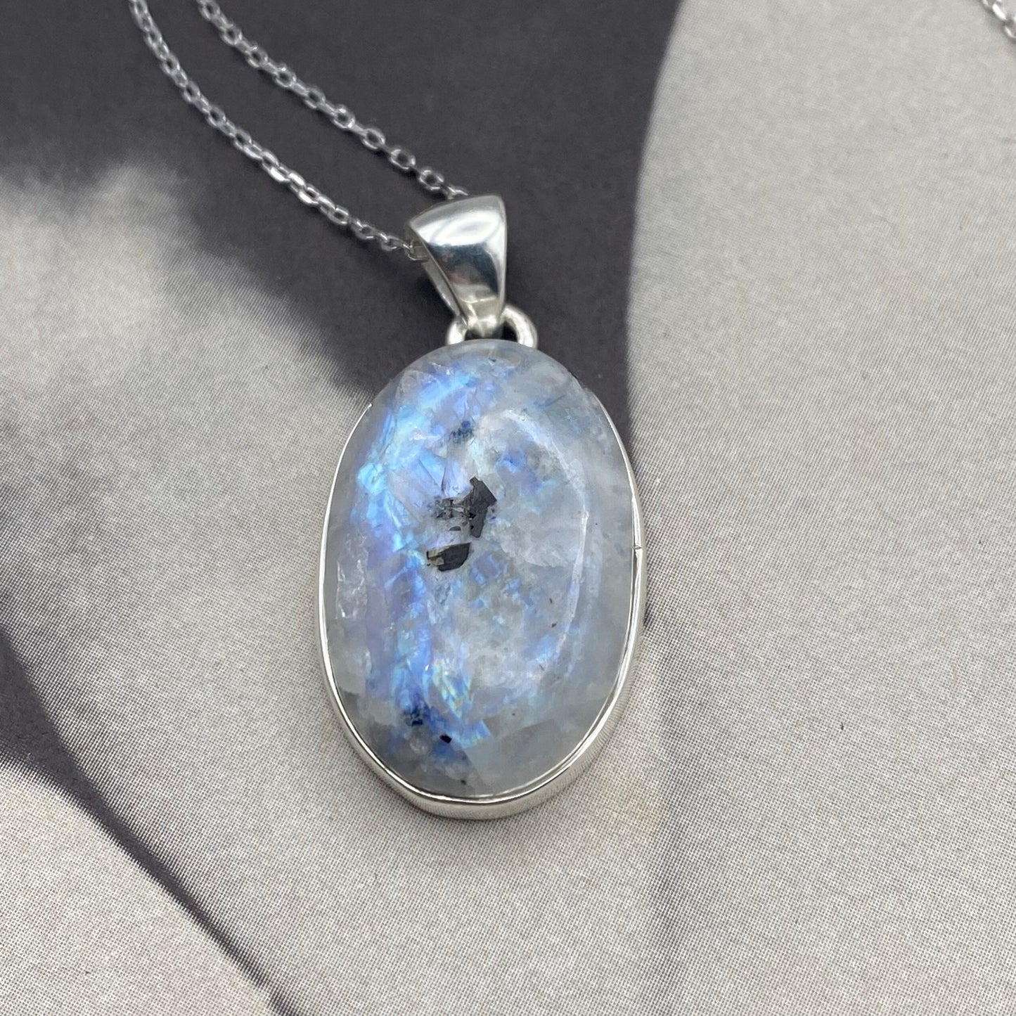 Natural Rainbow Moonstone And Quartz Sterling Silver Necklace