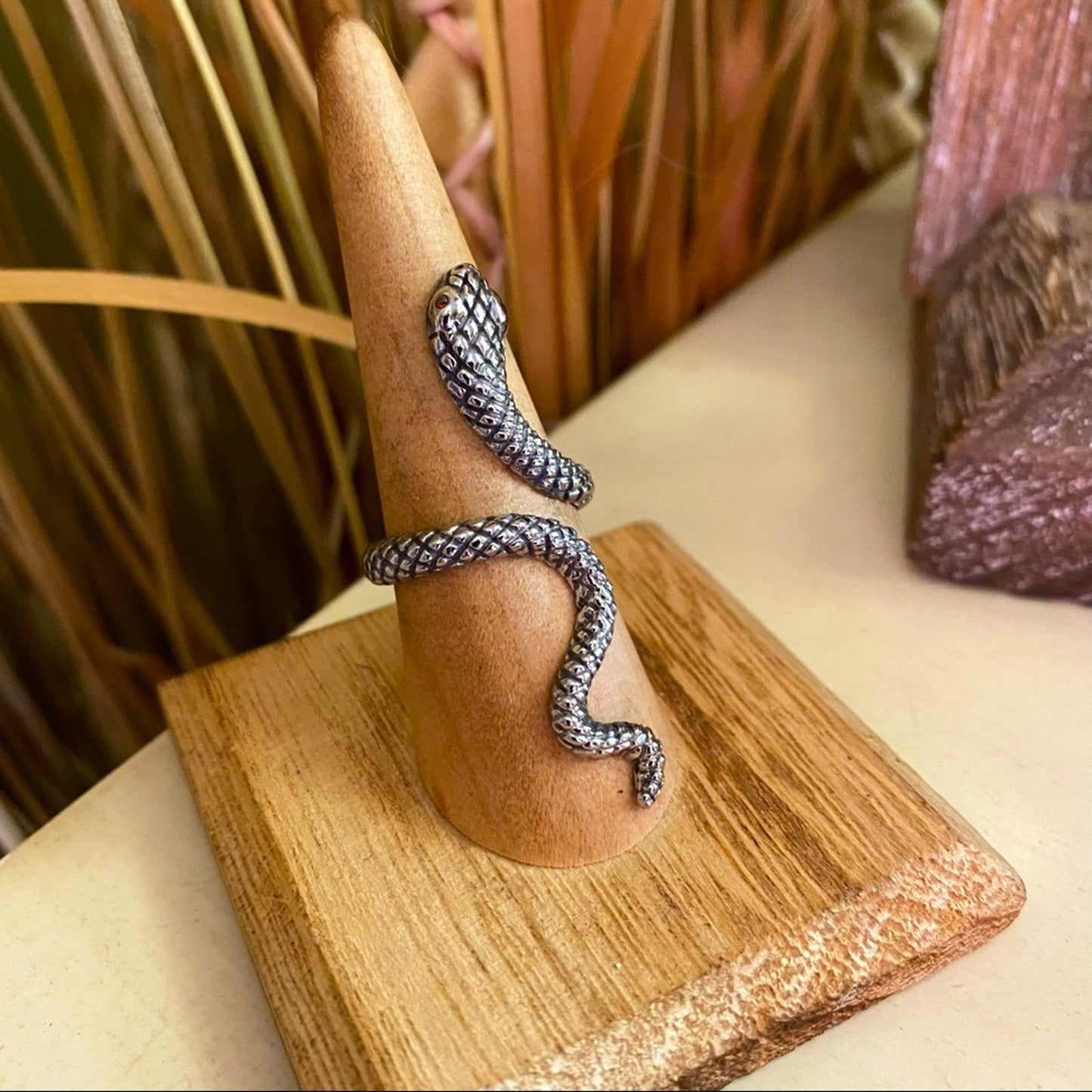 Stainless Steel Slithering Snake Ring- Red CZ Eyes