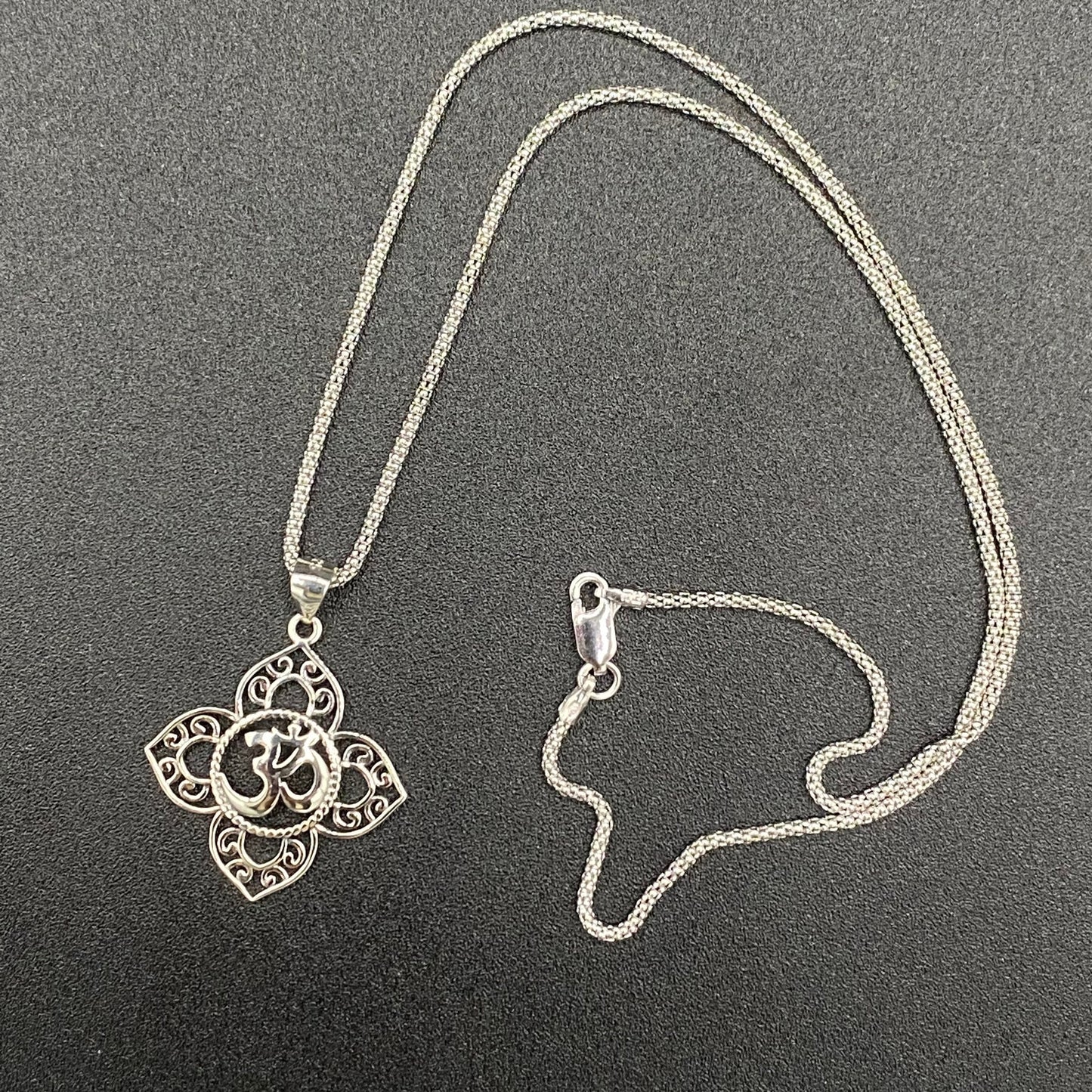 Om Religious Symbols Sterling Silver Pendant Necklace, Popcorn Chain