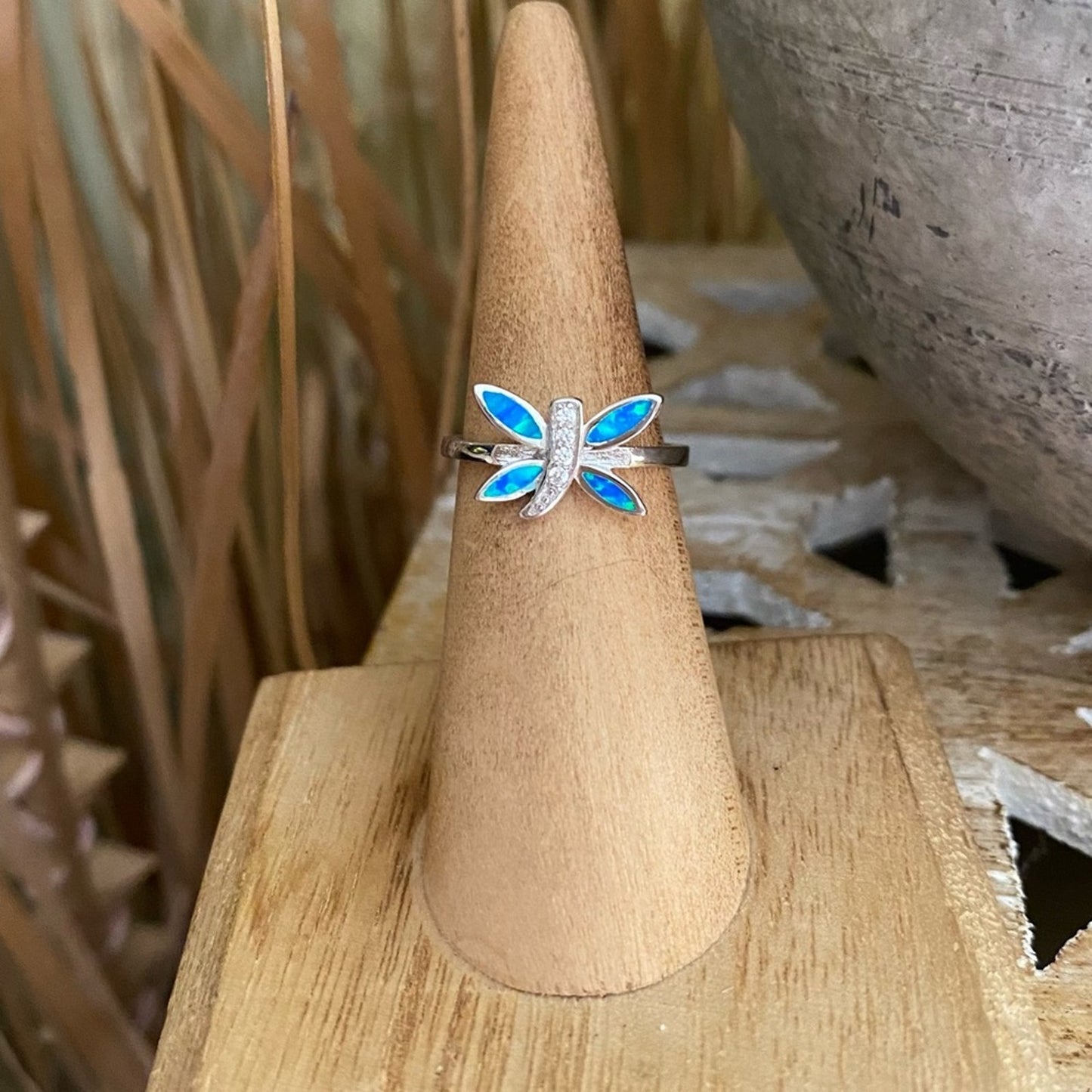 Dragonfly Blue Opal & Cz Sterling Silver Ring