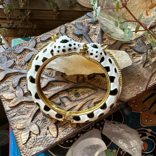 Giraffe Head Hinged Bangle Bracelet Gold Tone Enamel Safari Animal