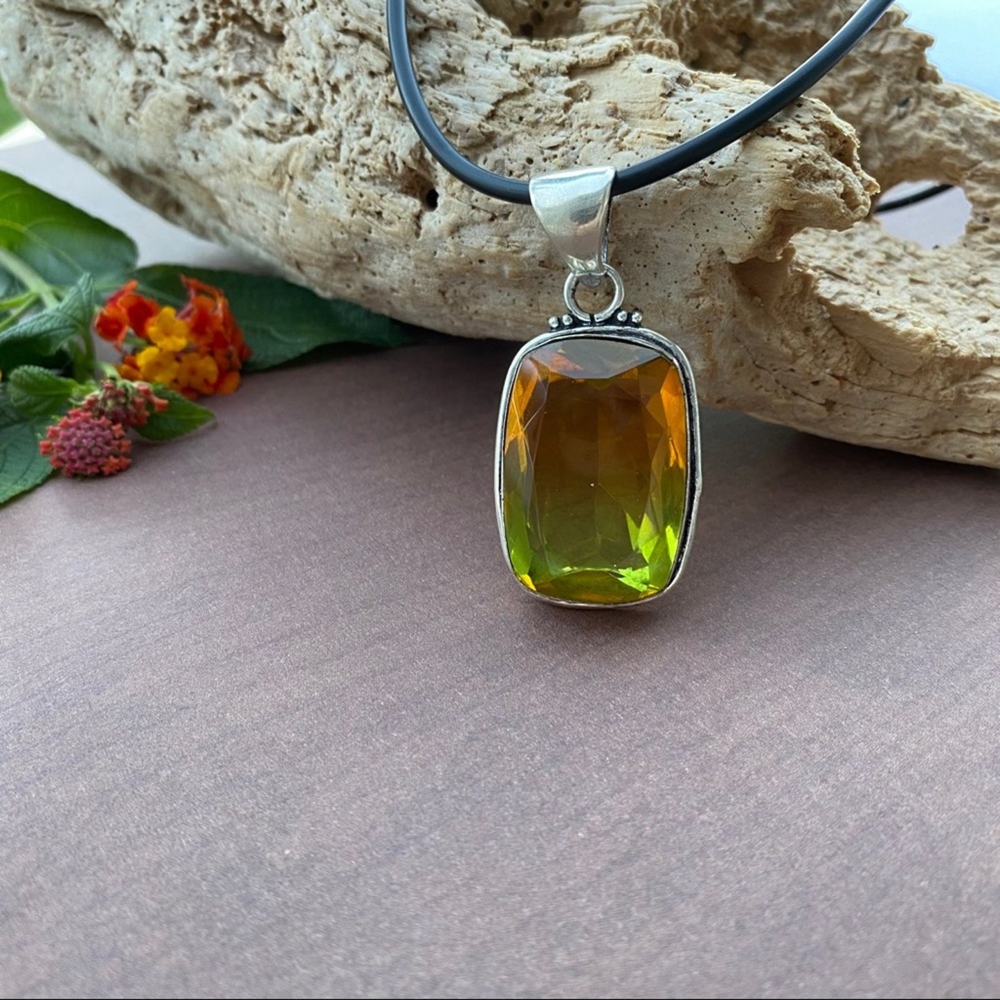 Bi-Color Tourmaline Sterling Plated Pendant Necklace