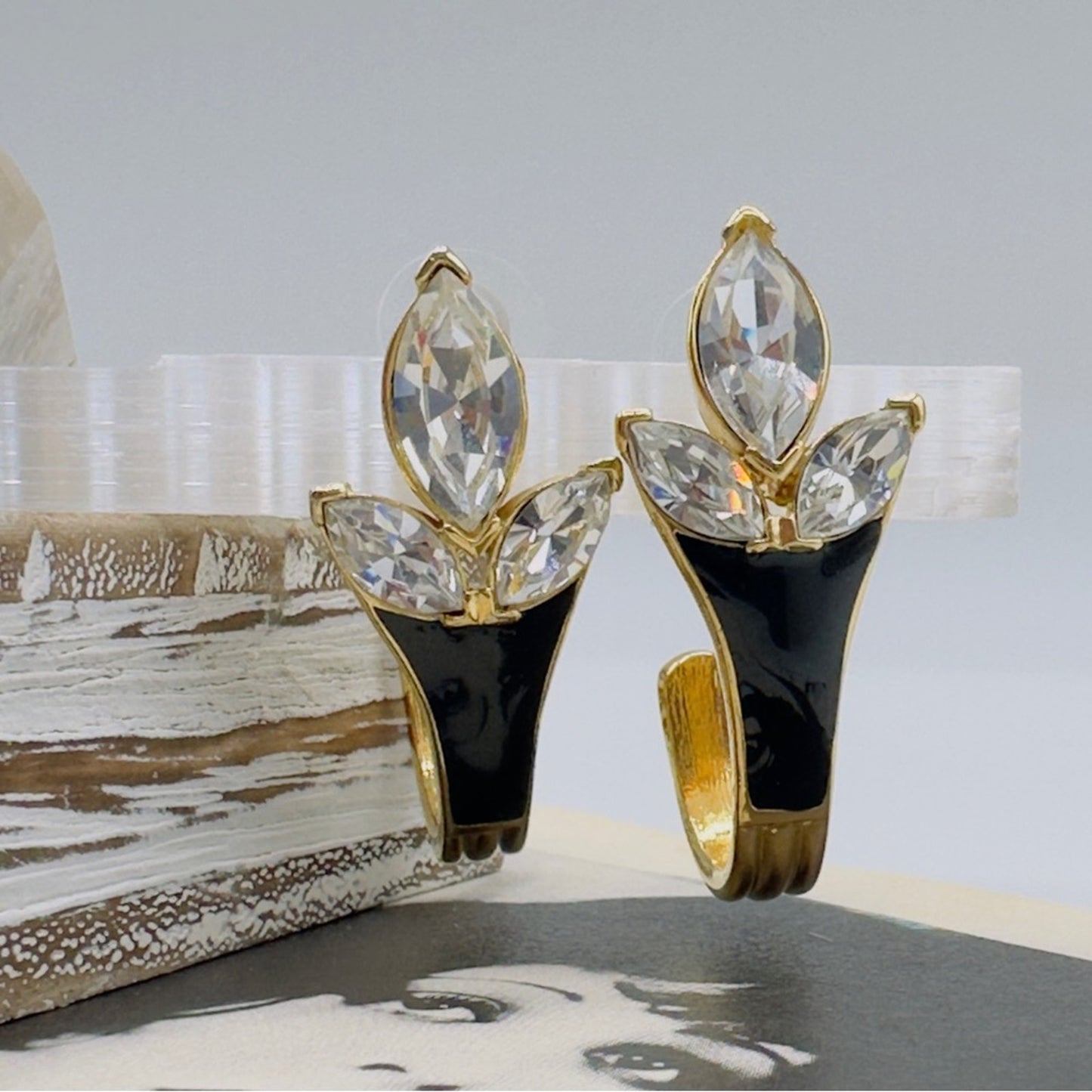 Vintage Trifari Runway Swarovski Gold Black Enamel Earrings