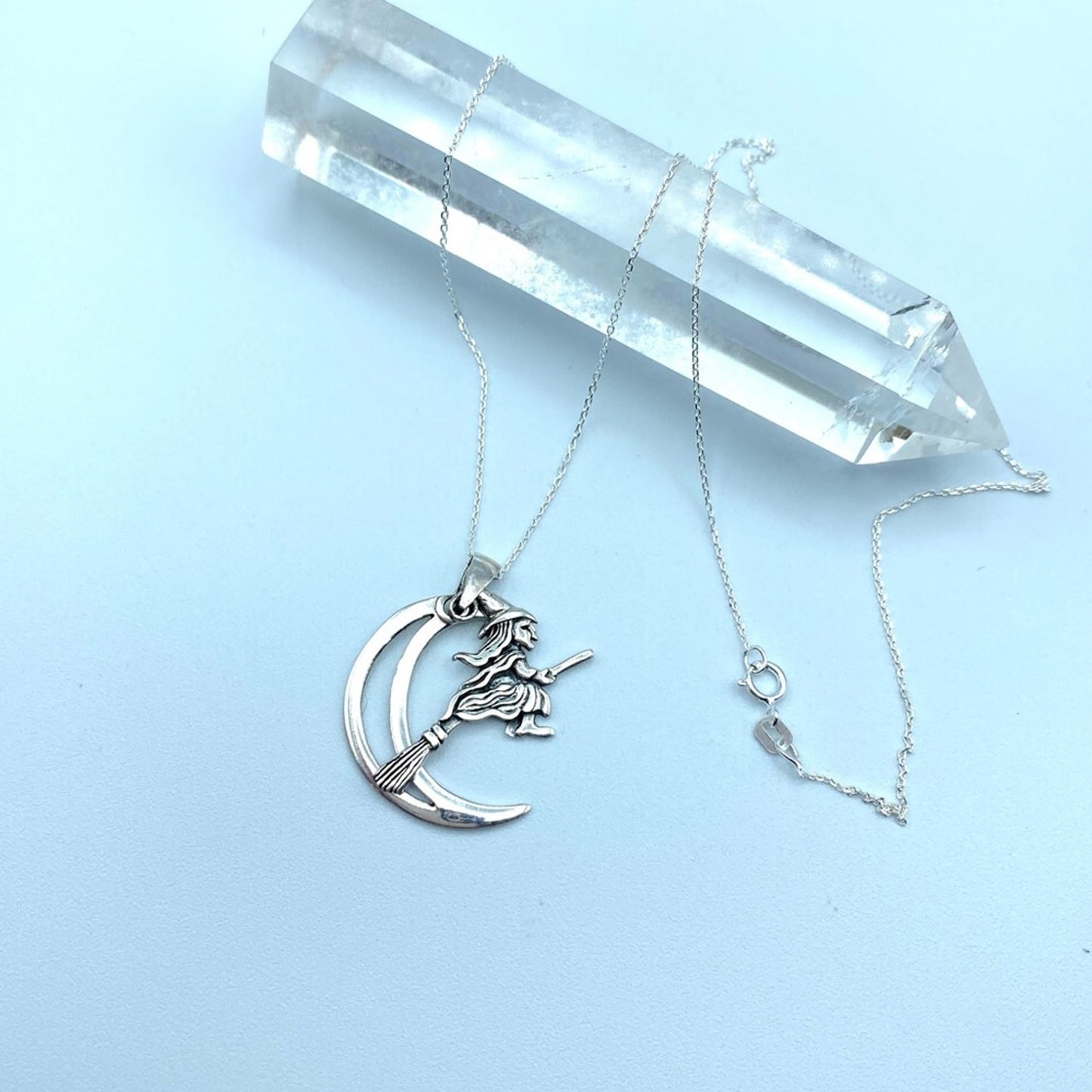Moving Witch On Broomstick Crescent Moon Sterling Silver Necklace