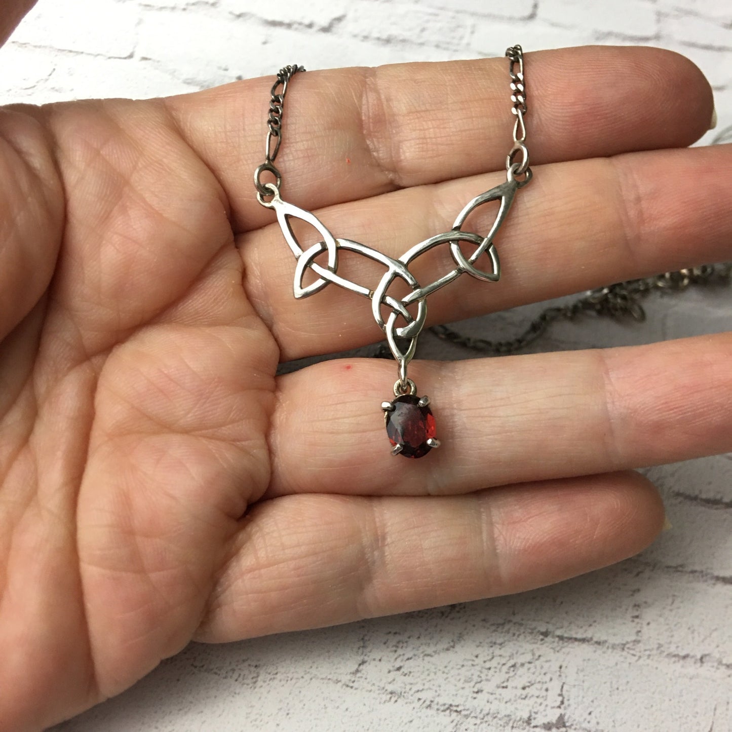 Vintage Sterling Silver Celtic Knot Necklace With Deep Garnet Drop