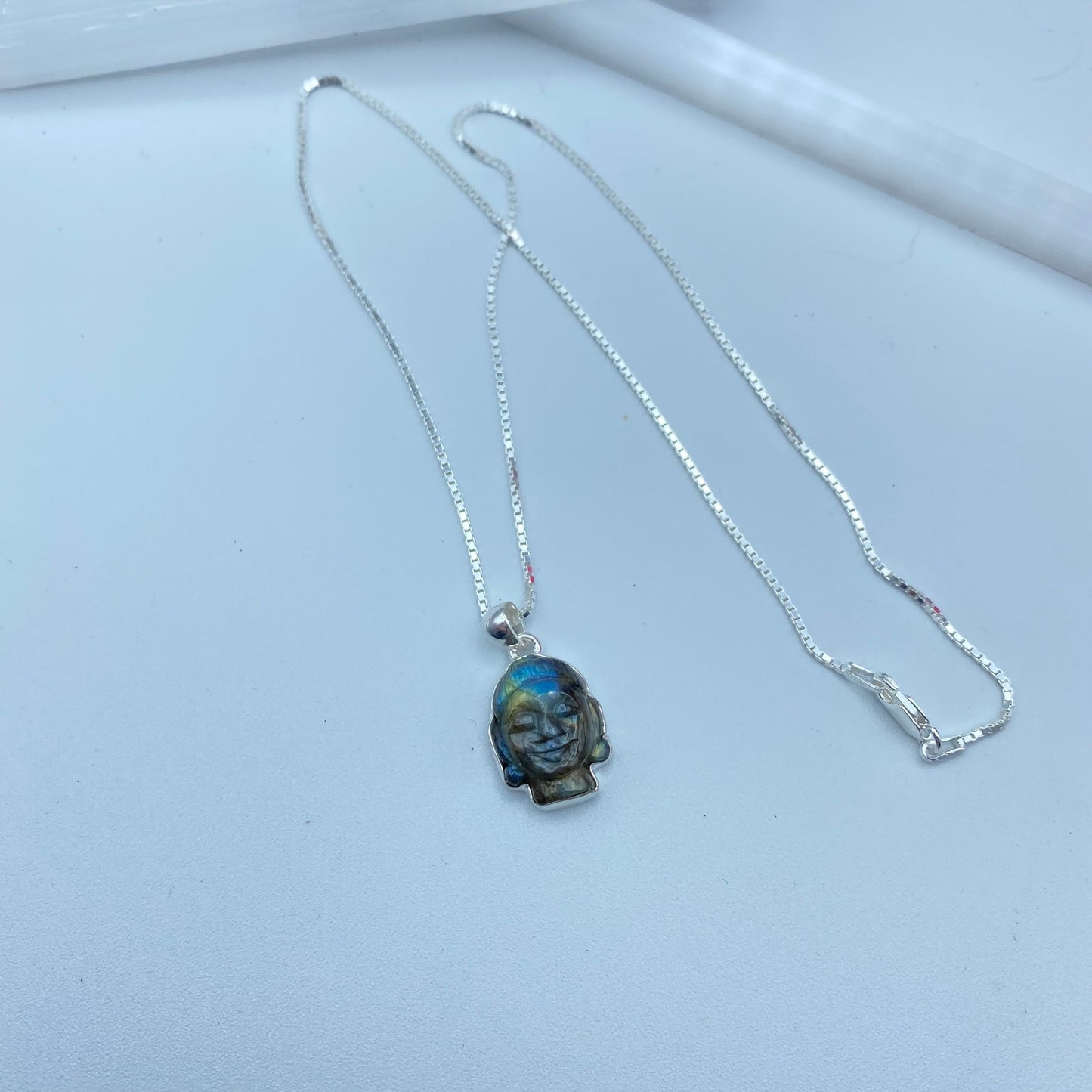 Buddha Carved Labradorite Solid Sterling Silver Necklace