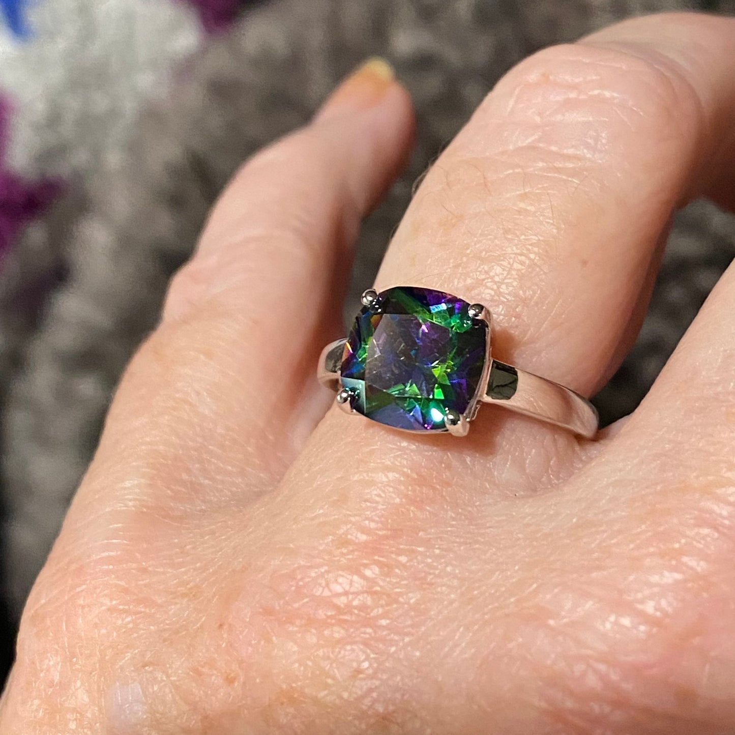 Rainbow Topaz Cushion Cut Sterling Silver Ring