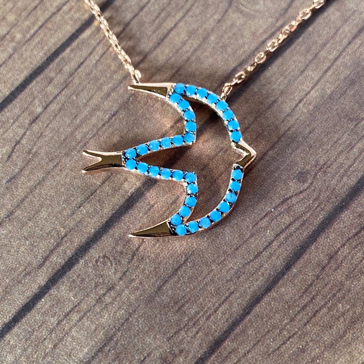 Dove Nano Turquoise 14k Rose Gold Sterling Silver Minimalist Necklace